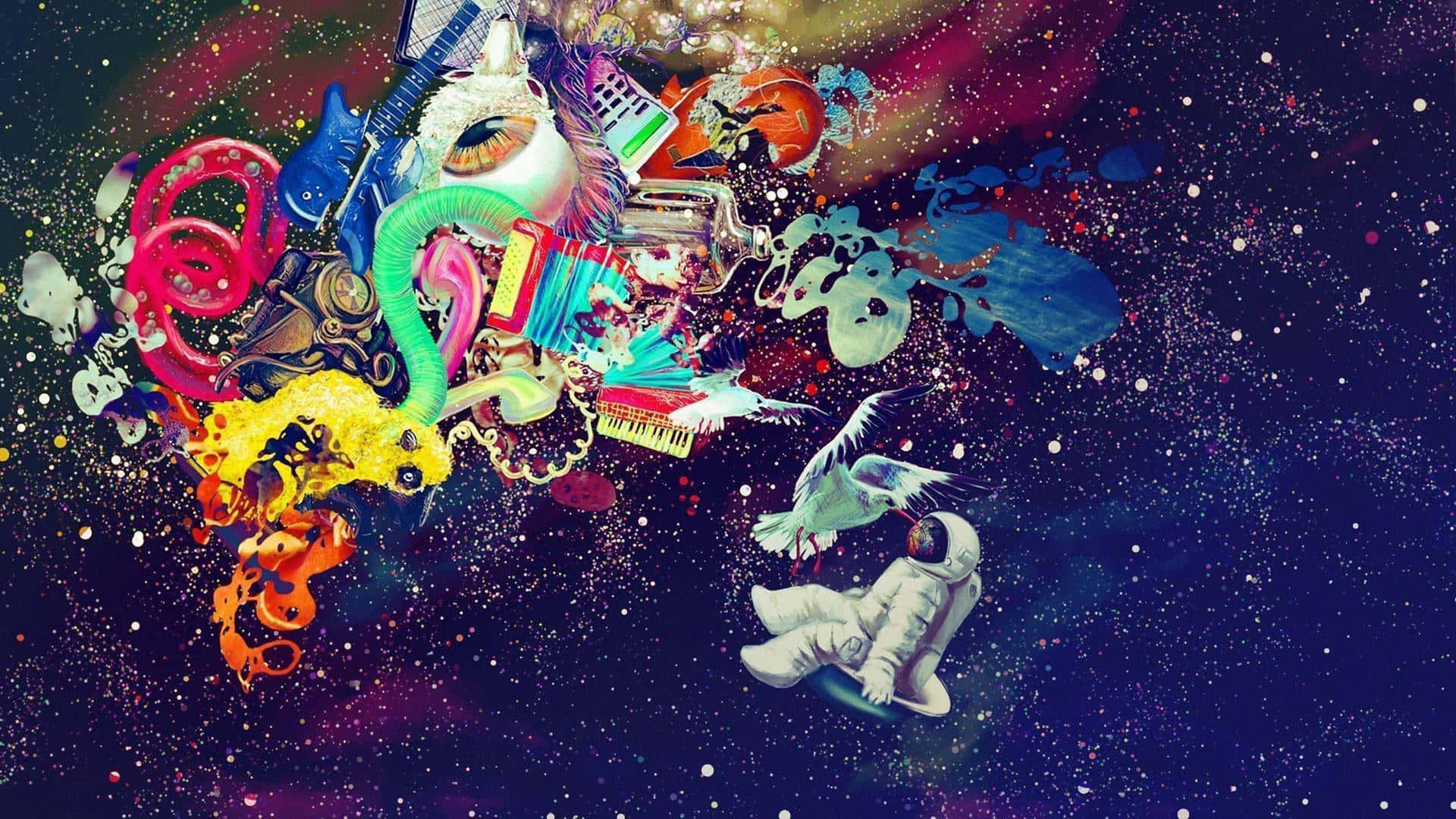超炫動圖 桌布 壁紙 — 一個超現實的宇宙拼貼畫，包含鮮豔的物體和一個漂浮的太空人，背景是星光點點的星雲。