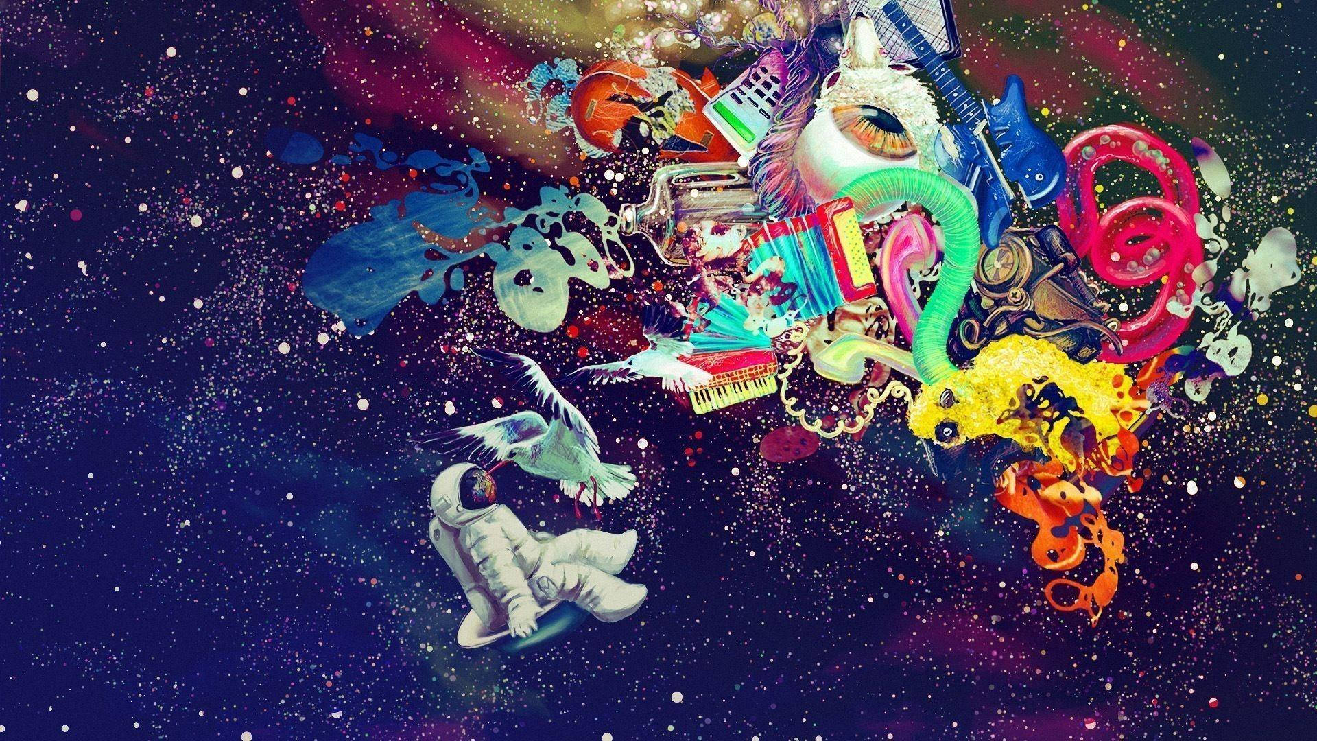Trippy Dope 桌布 壁紙 — 一個超現實的宇宙拼貼畫，描繪了在繁星銀河中漂浮的鮮豔樂器和奇幻物體。