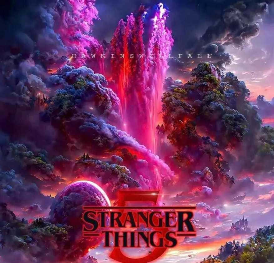  壁紙 — 一個超現實的宇宙景觀，在暮色天空下，發光的粉紅色瀑布在浮島之間傾瀉而下。
