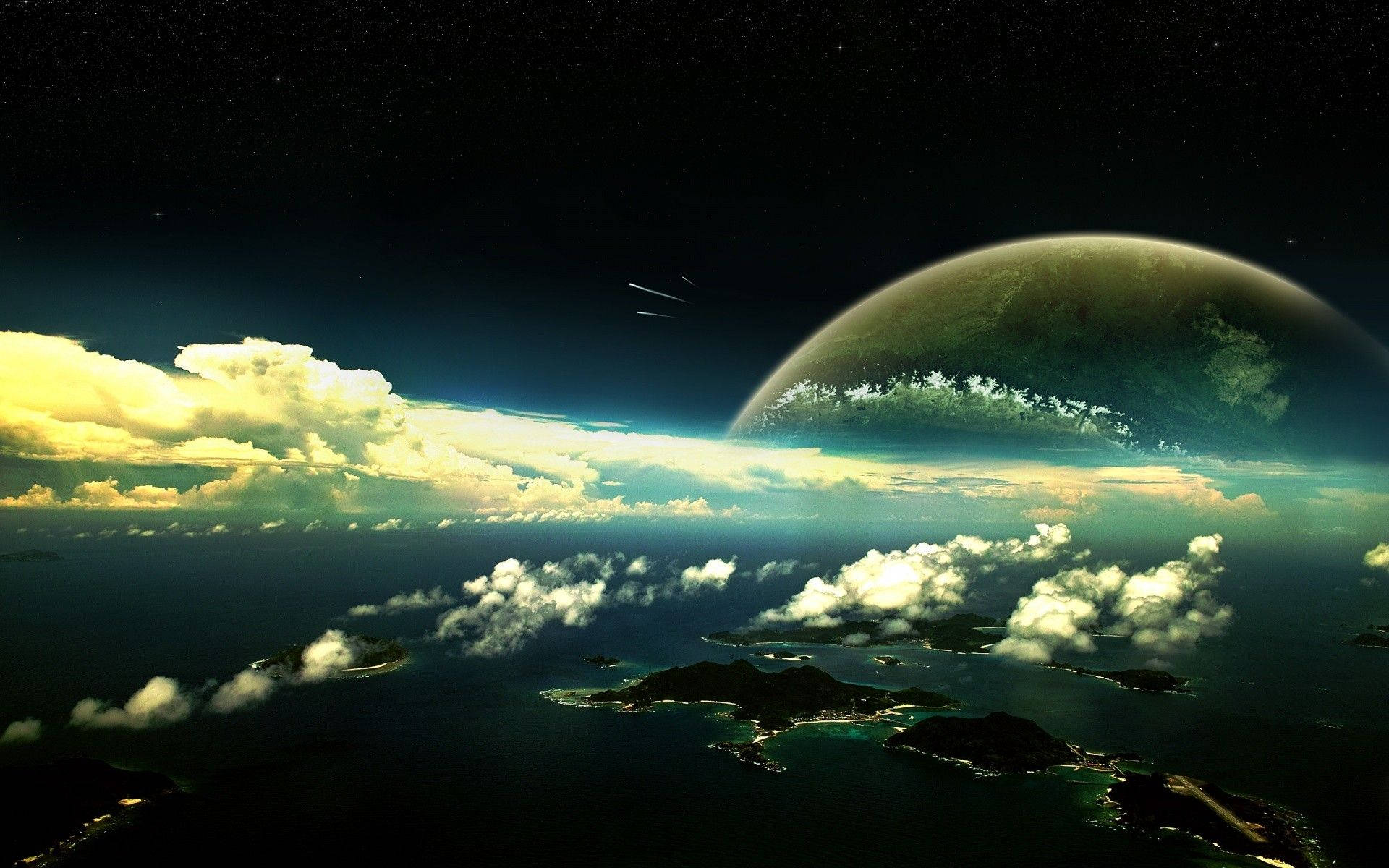 行星動畫 桌布 壁紙 — 一個超現實的宇宙景觀，顯示一顆行星在星空的雲海上升起，下方有發光的島嶼。
