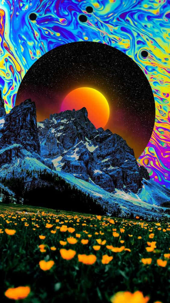 Dope Trippy 桌布 壁紙 — 一個超現實的山地景觀，有白雪覆蓋的山峰和橙色花朵，在迷幻的宇宙天空下，有一個發光的太陽。