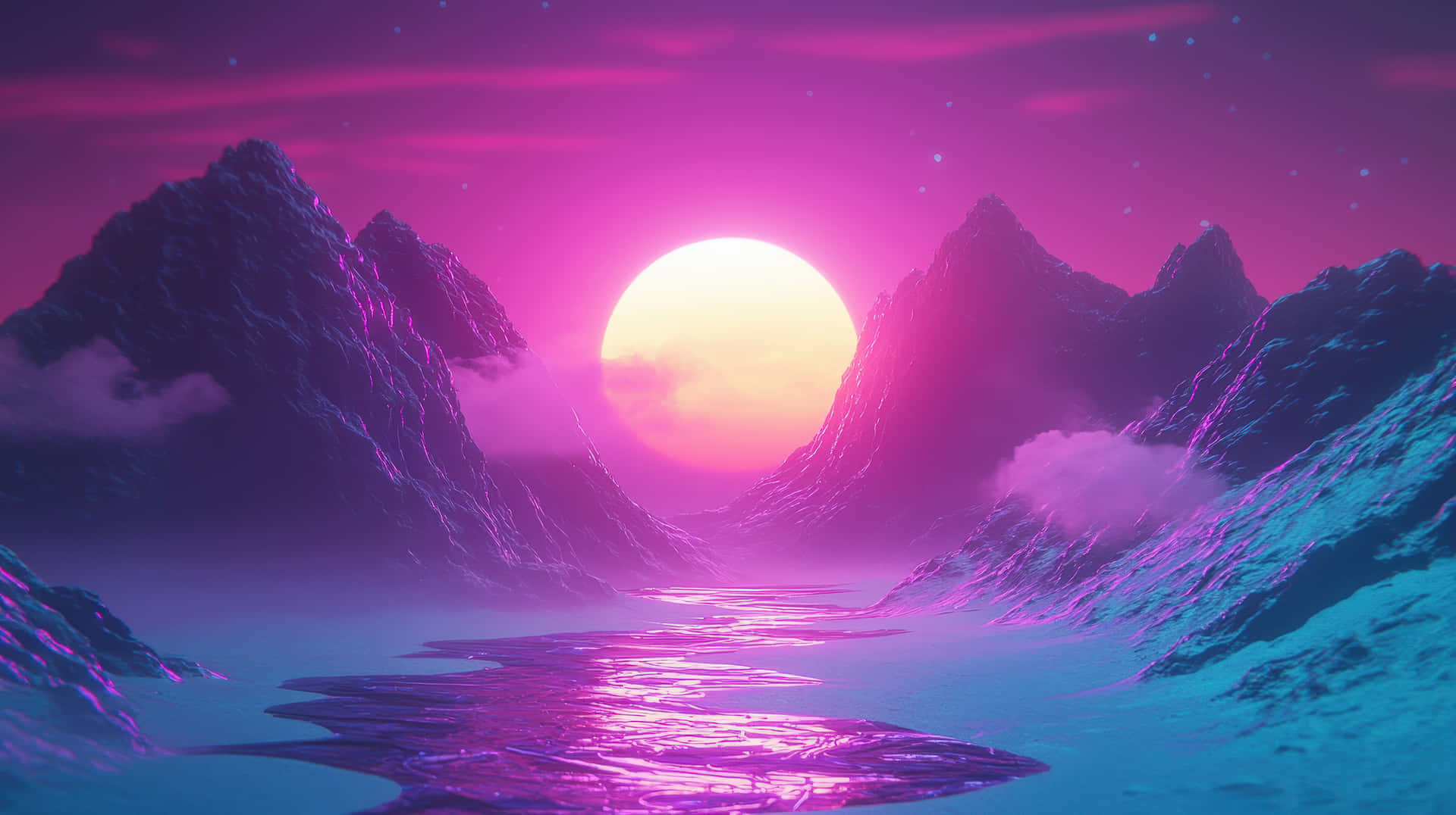 A digital landscape featuring a glowing pink sun setting between futuristic neon-lit mountains 壁紙 — 一個超現實的山谷，鋸齒狀的山脈框住了一個發光的粉紅色太陽，反射在平靜的青色湖泊上，上方是繁星點點的洋紅色天空。