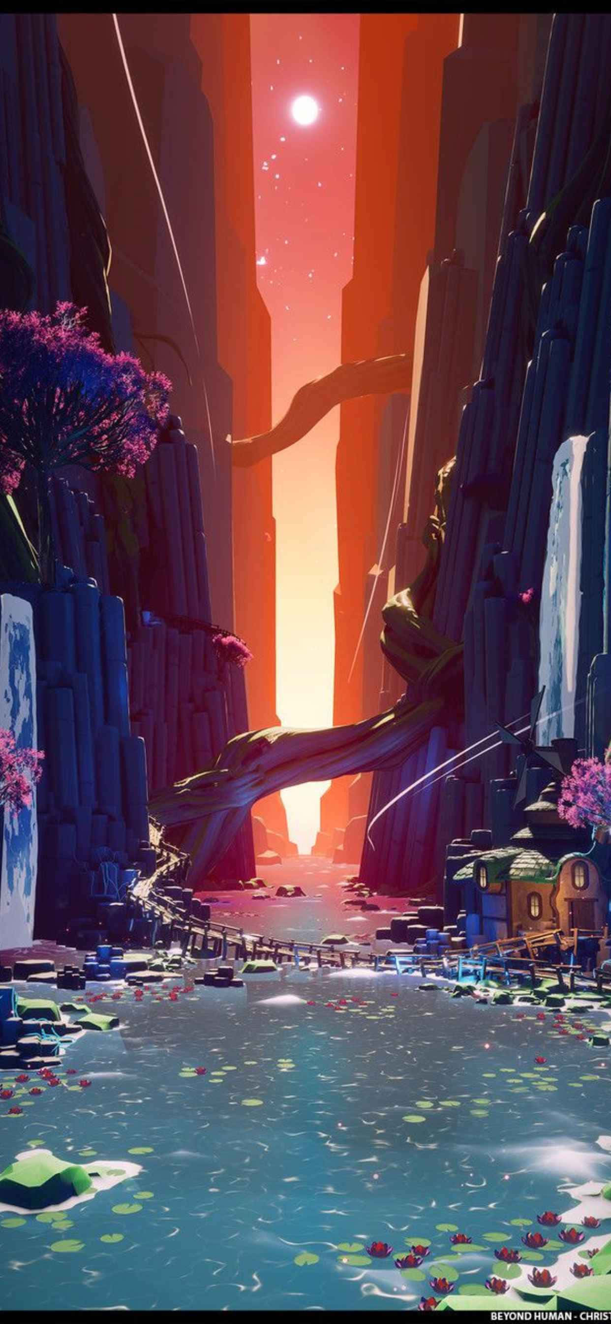 Animated 桌布 壁紙 — 一個超現實的峽谷，有發光的橙色天空和紫色花朵，旁邊是一個平靜的藍色池塘，池塘裡有睡蓮。