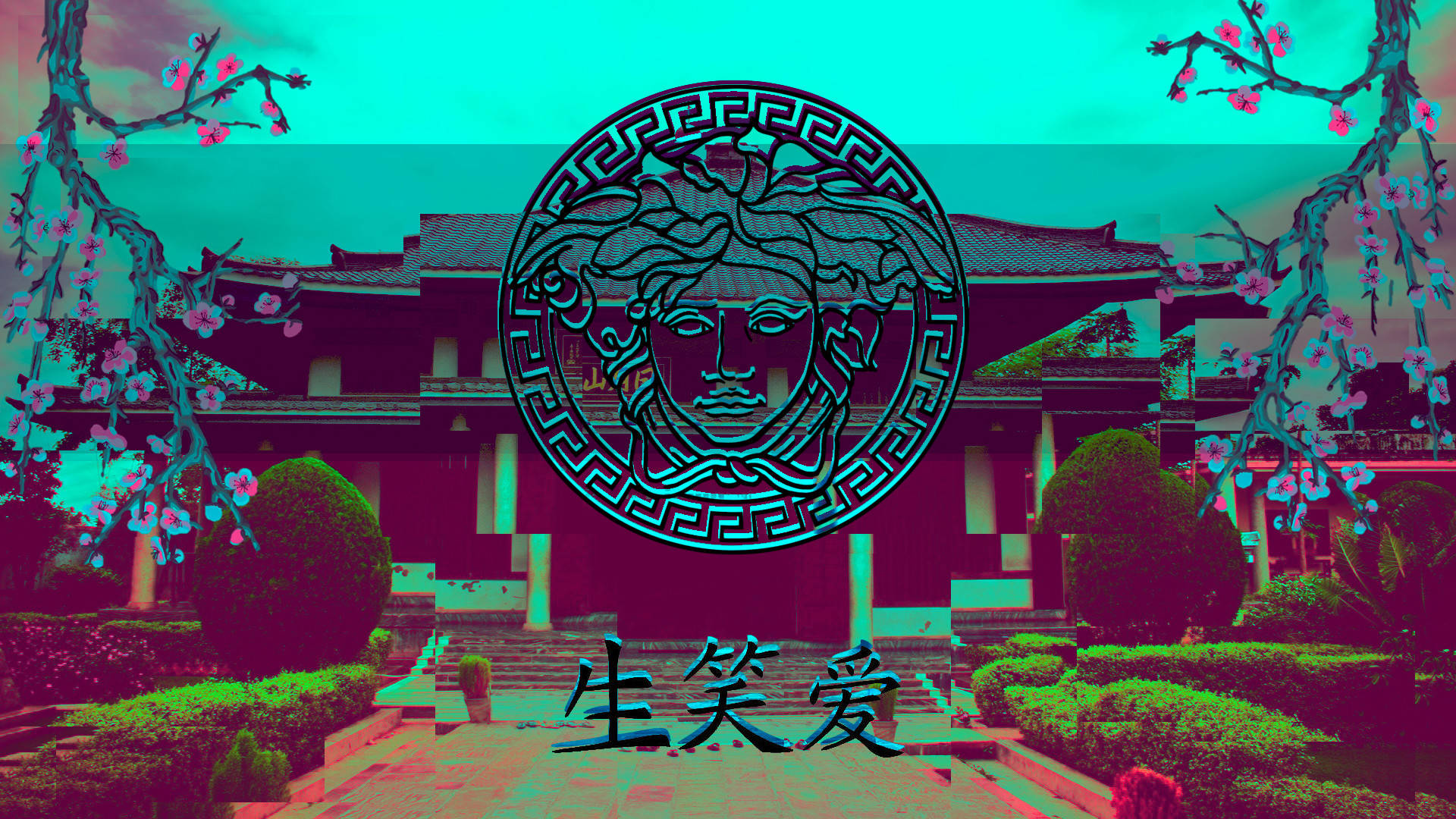 Logo Design 桌布 壁紙 — 一個超現實的庭院，帶有青綠色和洋紅色濾鏡，櫻花框著疊加在傳統建築上的 Versace Medusa 標誌。