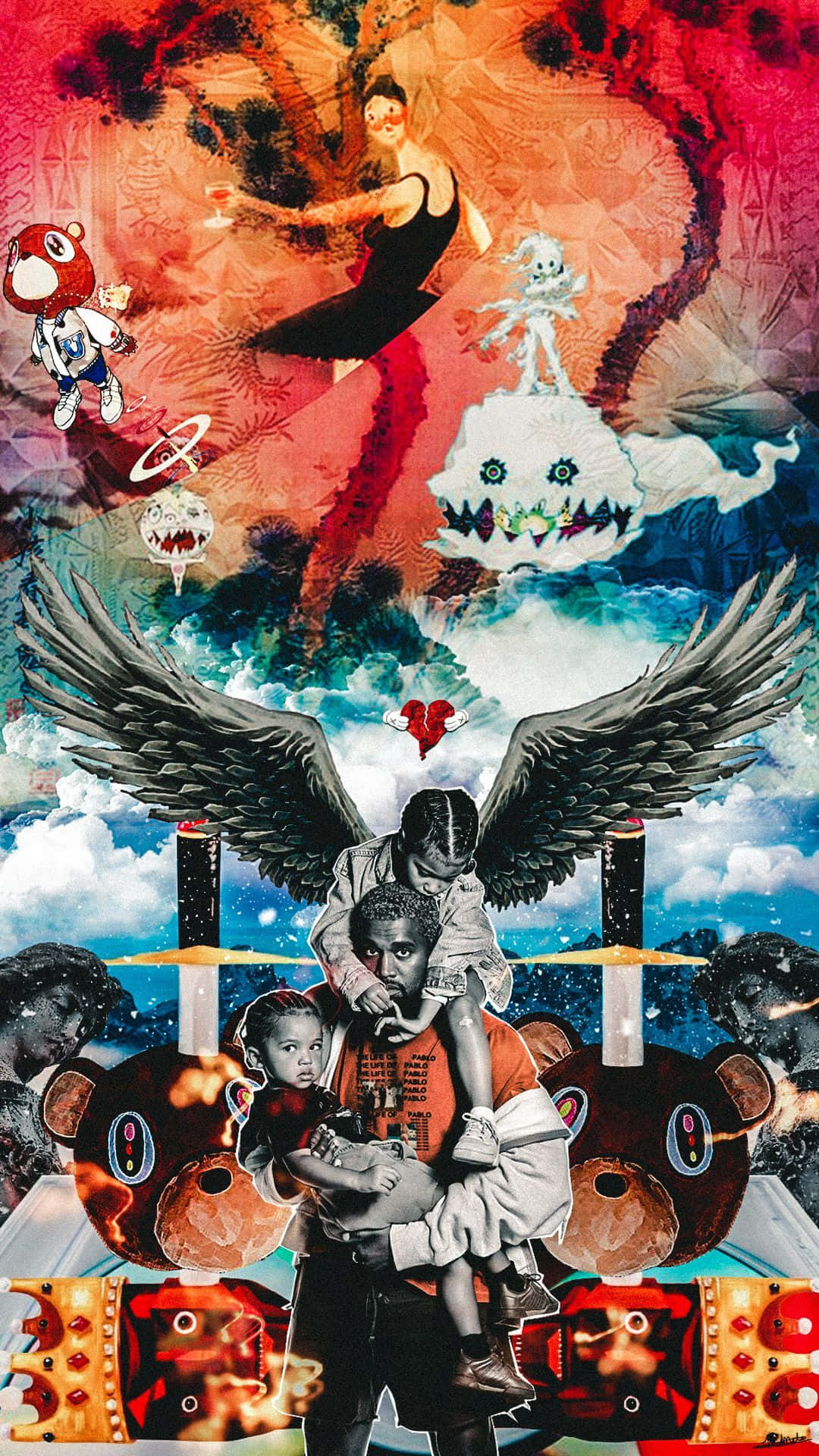 album 桌布 壁紙 — 一個超現實的拼貼畫，描繪一個有翅膀的男人抱著孩子，周圍有漂浮的頭骨、卡通角色和宇宙雲彩，色彩鮮豔的紅、藍和橙色。
