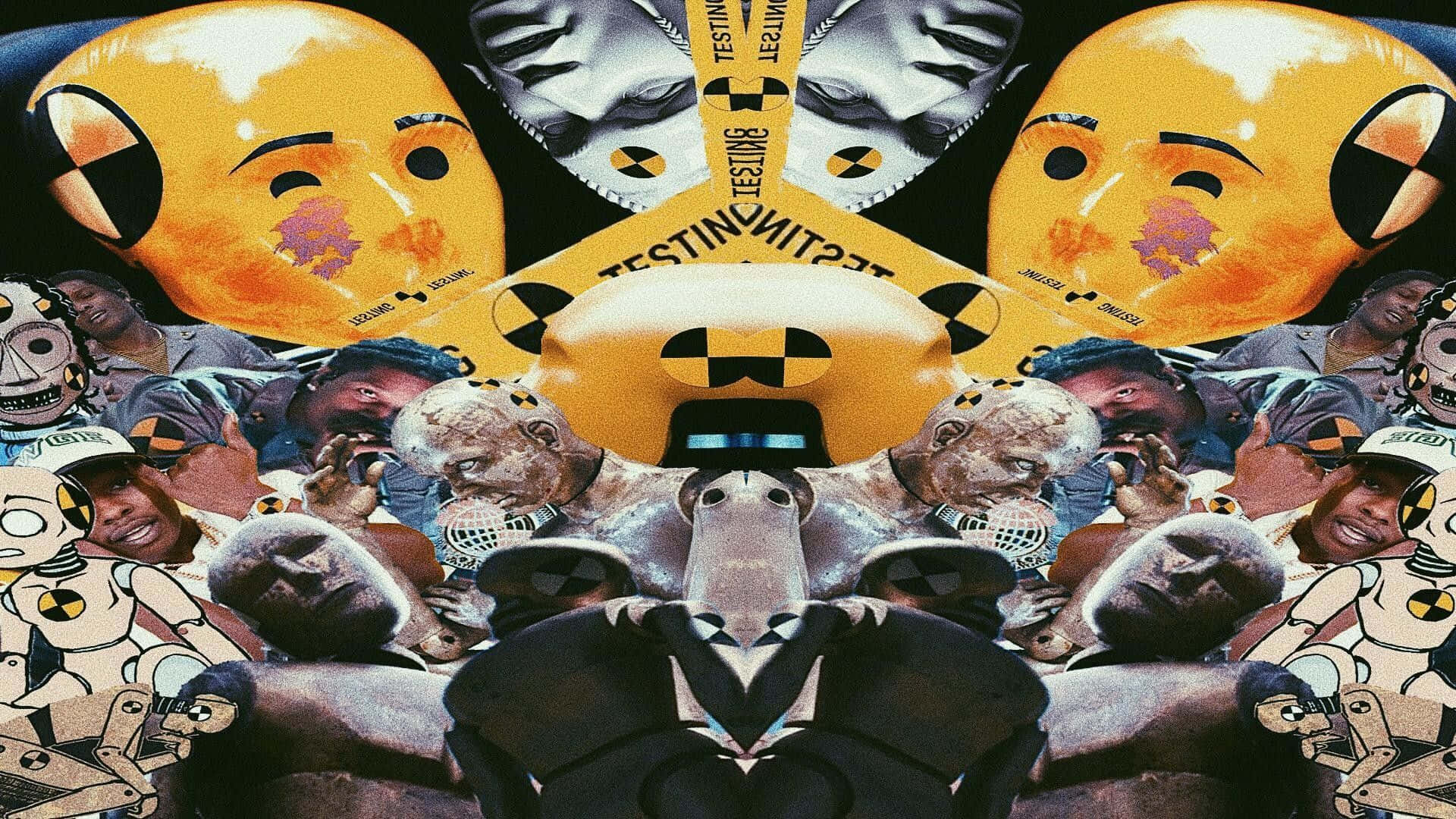album 桌布 壁紙 — 一個超現實的拼貼畫，描繪黃色放射性吉祥物頭像和帶麥克風的人臉，背景為深色。