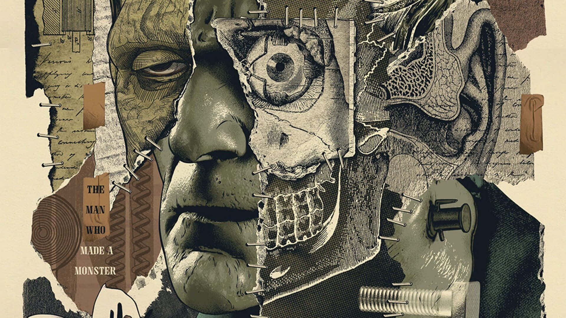 artistic 桌布 壁紙 — 一個超現實的拼貼肖像，展示了一張縫合在一起的人臉，帶有暴露的器官和機械部件，固定在羊皮紙上。