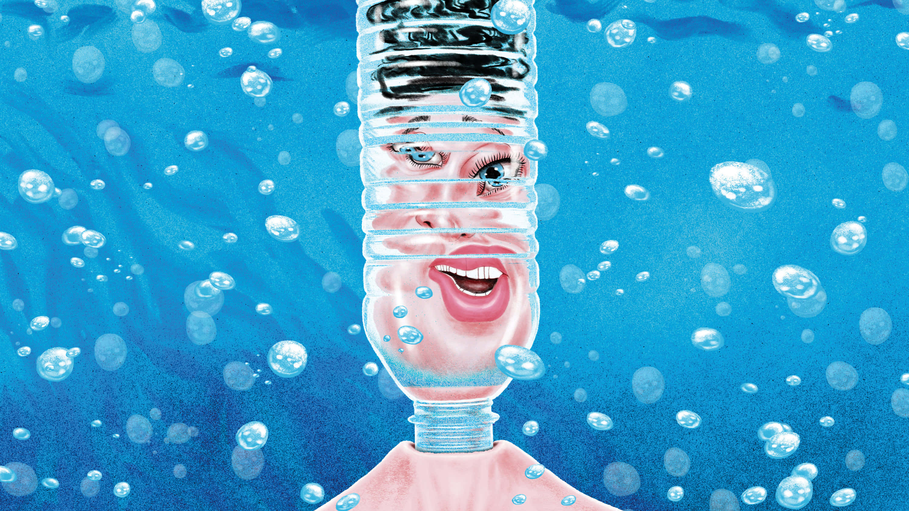Hydration 桌布 壁紙 — 一個超現實的插圖，描繪一個微笑的女人臉被困在一個塑膠水瓶中，水瓶浸沒在藍色水中，周圍有浮動的氣泡。