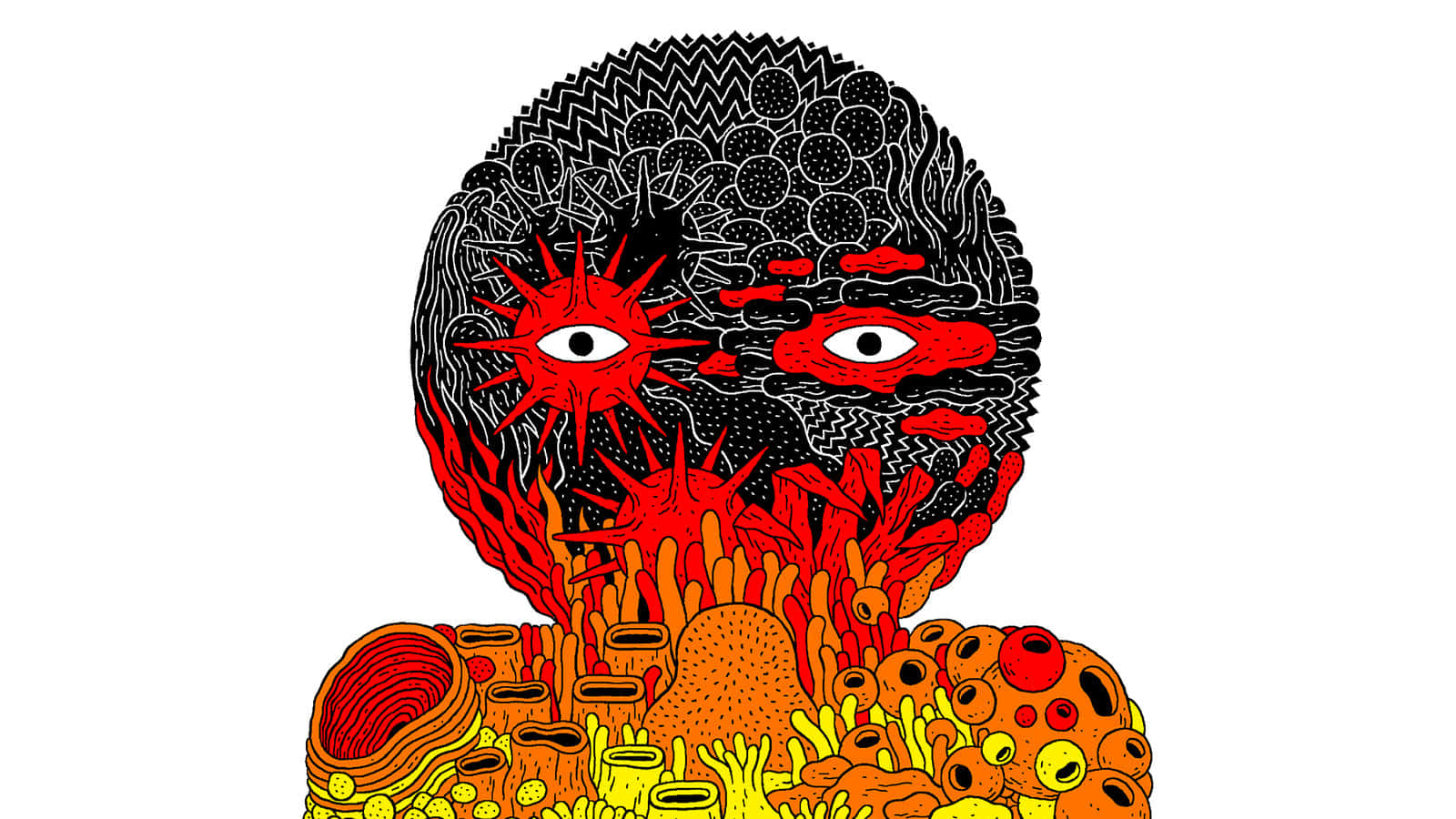 Brain 桌布 壁紙 — 一個超現實的插圖，描繪一個頭部，兩隻眼睛從黑色圖案的大腦和紅色珊瑚狀生長物中浮現，背景為白色。