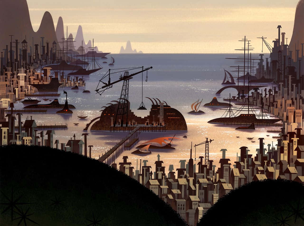 samurai jack 桌布 壁紙 — 一個超現實的插圖城市景觀，古老的帆船和現代起重機在暮色港灣中共存，周圍環繞著鋸齒狀的山脈。