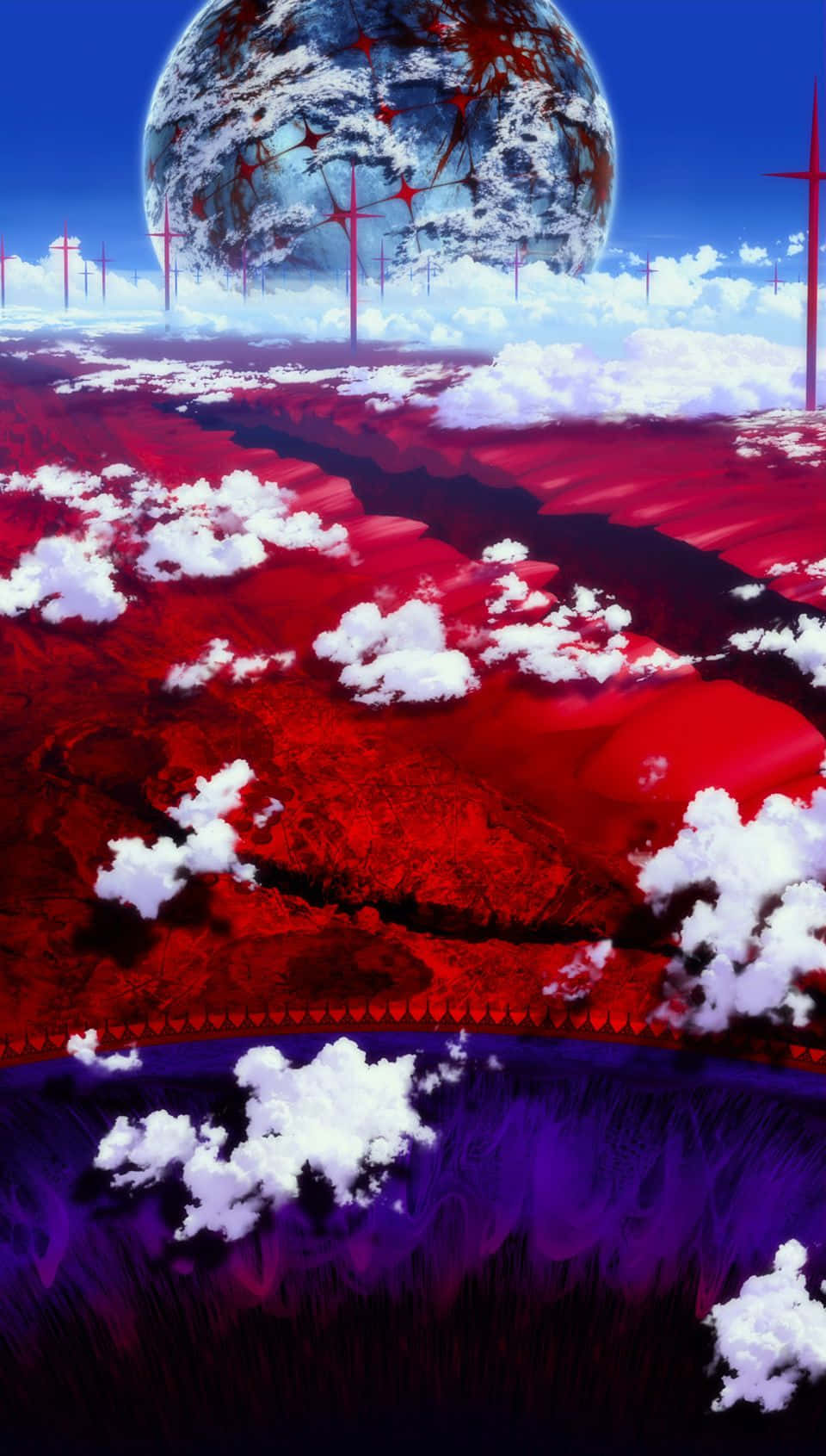 動漫 桌布 壁紙 — 一個超現實的數位景觀，有紅色地形、白雲和一顆巨大的裂縫行星懸掛在藍天上。