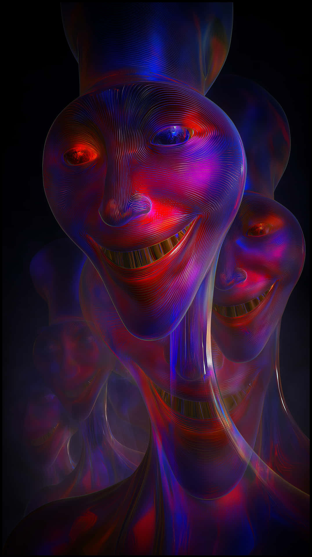 Dynamic Textured Entities with Expressive Faces 壁紙 — 一個超現實的數位肖像，一張微笑的臉，帶有發光的紅色眼睛和流動的藍紫色霓虹線條，背景為黑色。