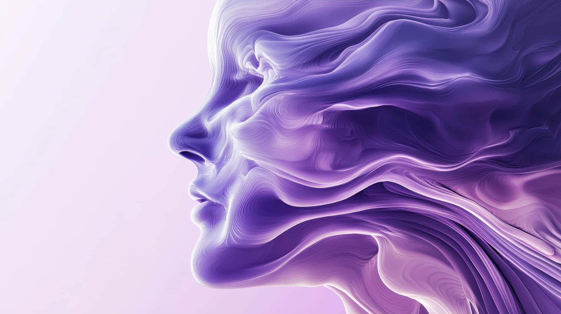 A futuristic abstract human face with fluid, layered textures in shades of purple 壁紙 — 一個超現實的數位肖像，人臉側面由流動的紫色和薰衣草液體波浪形成，背景為柔和的薰衣草色。