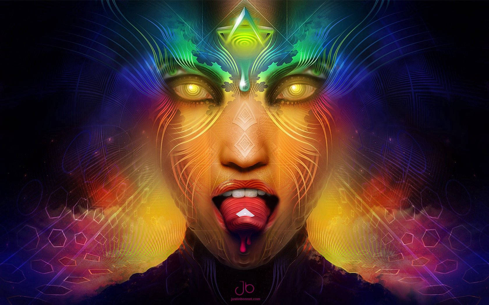images 桌布 壁紙 — 一個超現實的數位肖像，描繪一位在宇宙背景下擁有發光眼睛和彩虹光環的女性。