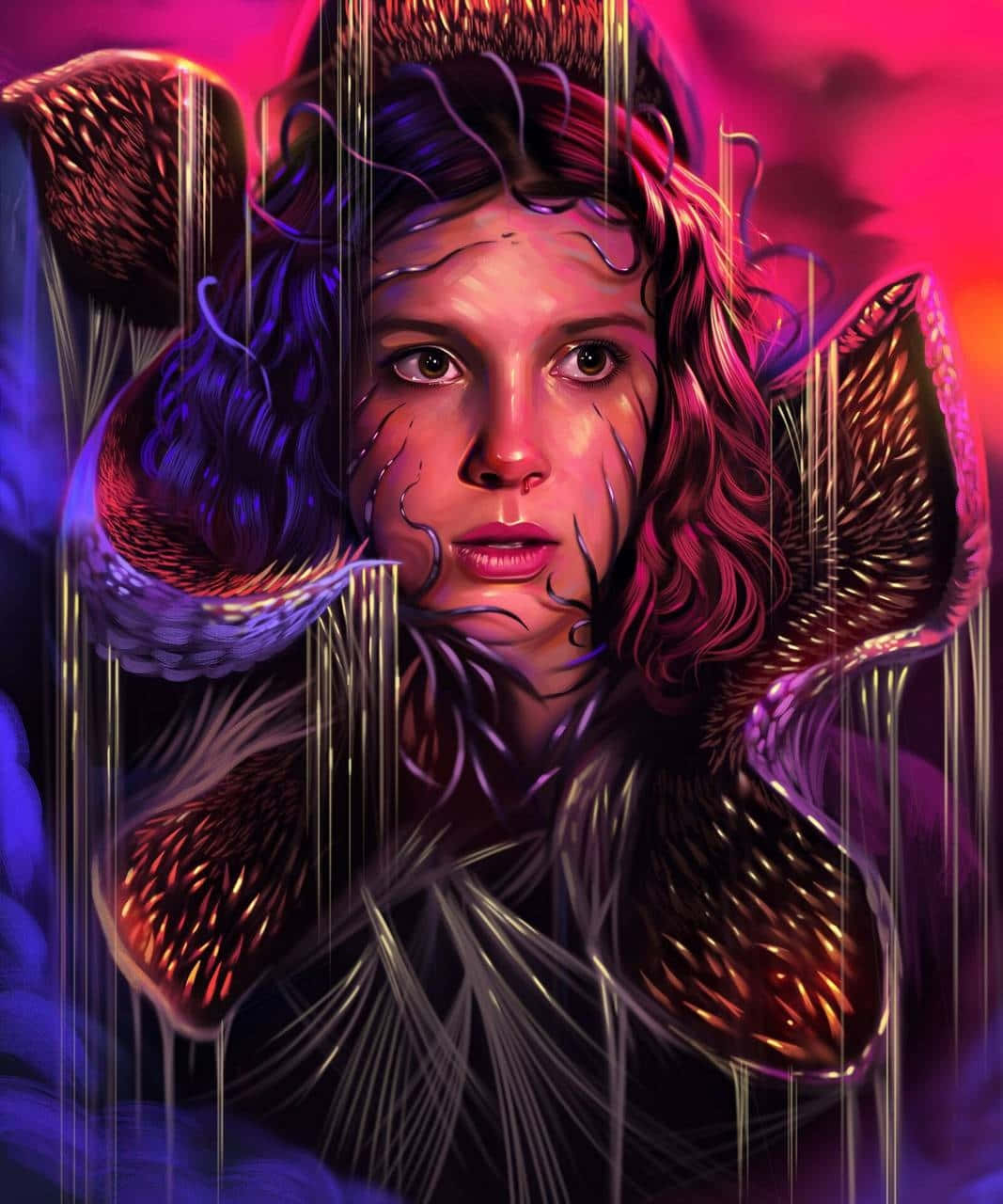  壁紙 — 一個超現實的數位肖像，描繪一位擁有發光紫色血管和羽毛翅膀的女性，背景是充滿活力的粉紅色和藍色宇宙背景。