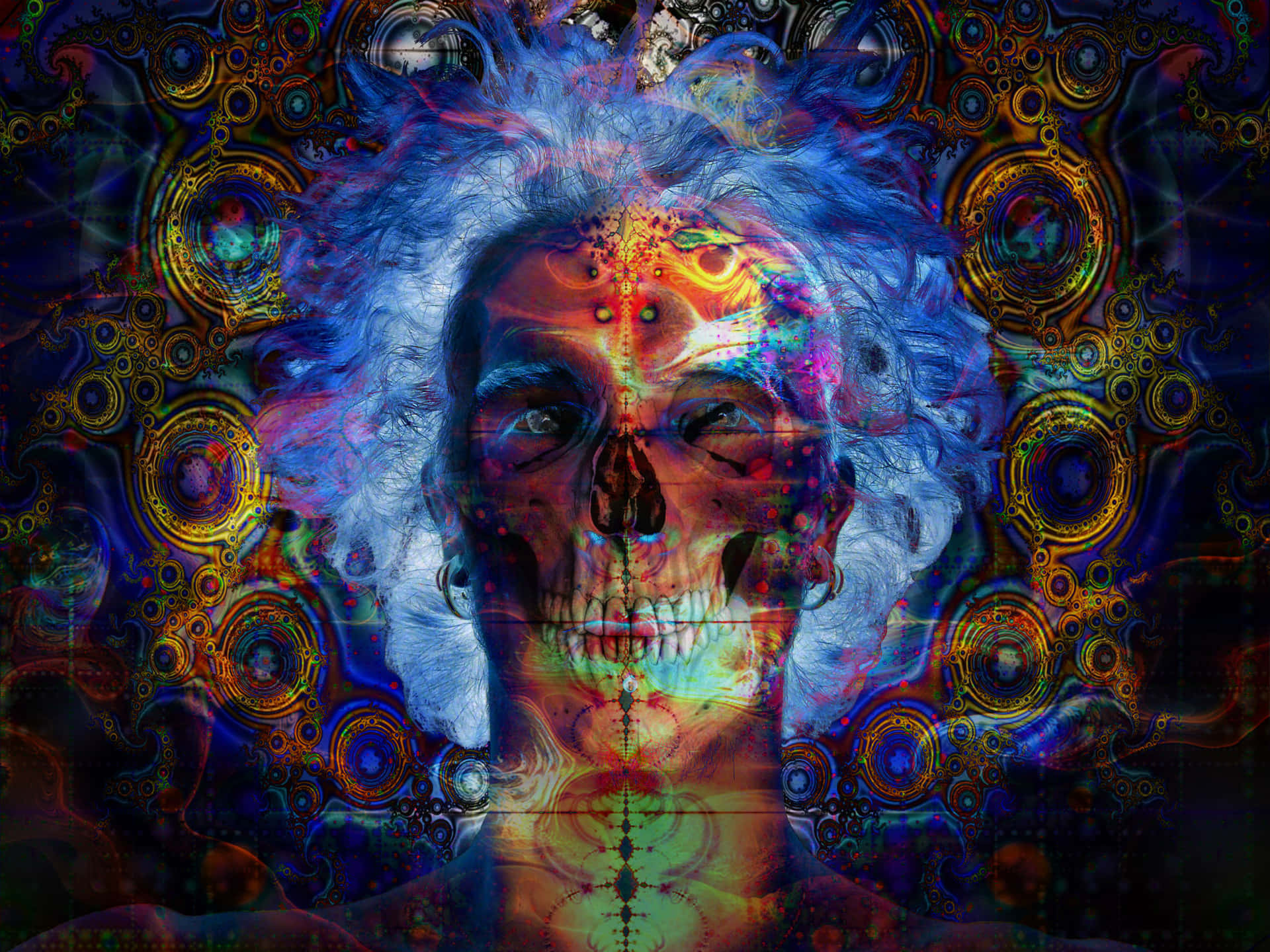 藝術 桌布 壁紙 — 一個超現實的數位肖像，描繪一個頭骨，擁有狂野的藍色頭髮、發光的碎形圖案和華麗的金色圓圈，背景是黑暗的宇宙。