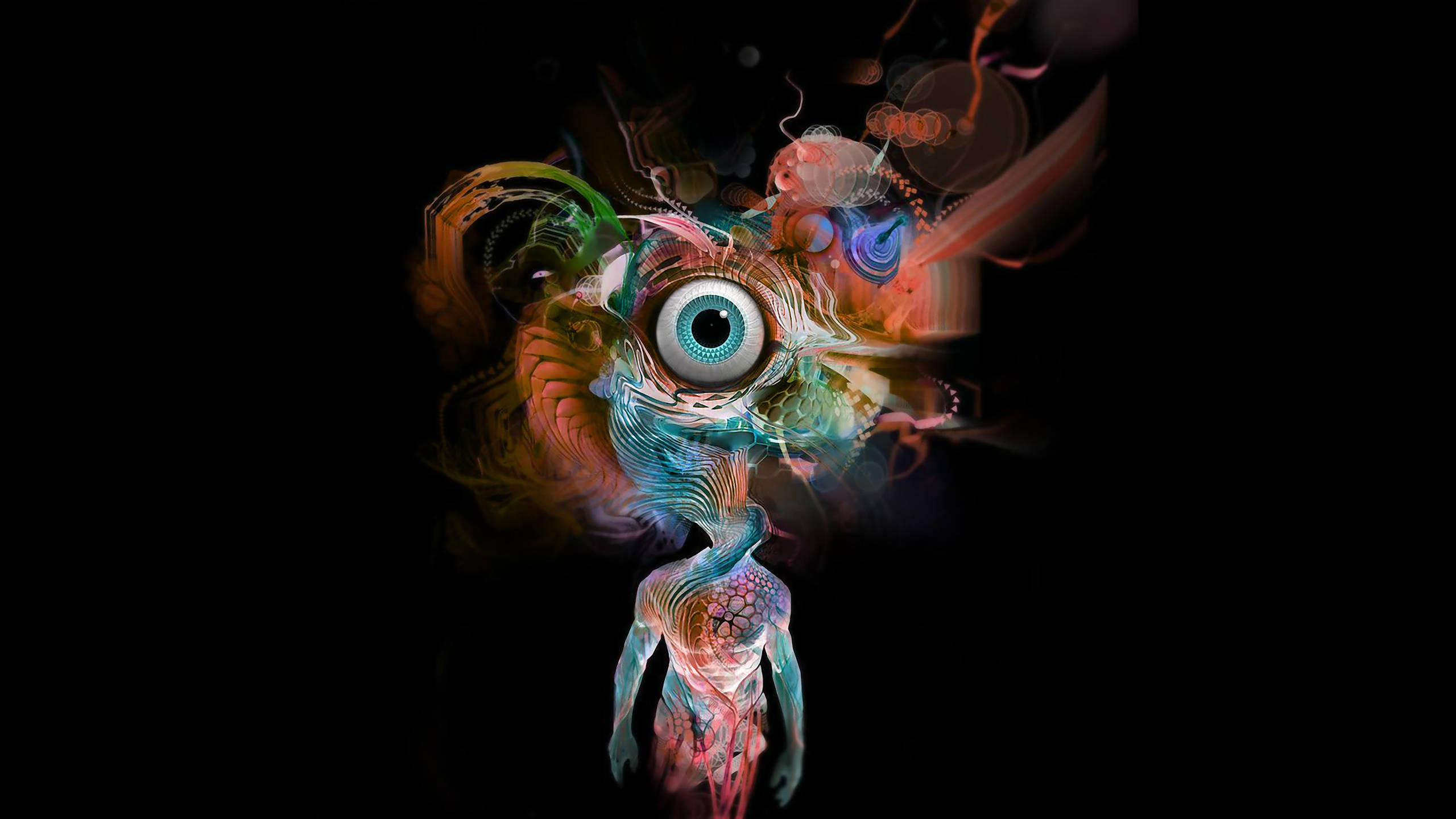 HD Psychedelic 桌布 壁紙 — 一個超現實的數位藝術人物，擁有一隻發光的眼睛和旋轉的彩色圖案，背景為黑色。