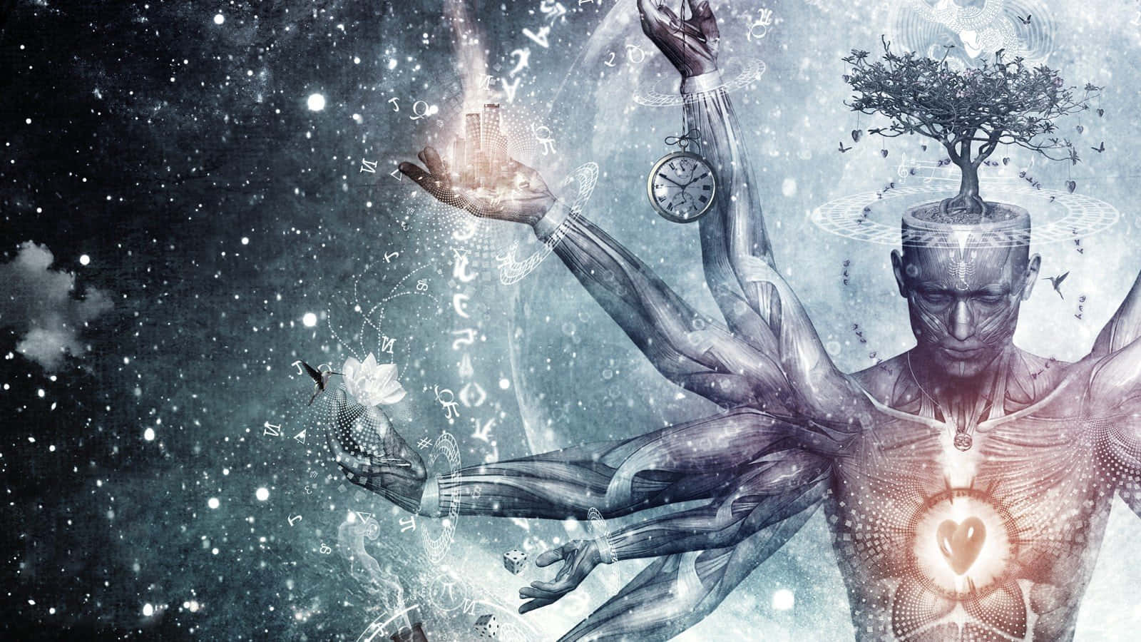Spiritual Meditation 桌布 壁紙 — 一個超現實的數位藝術人物，有多隻手臂，在星光宇宙背景下拿著一個時鐘和發光符號，頭頂長出一棵樹。