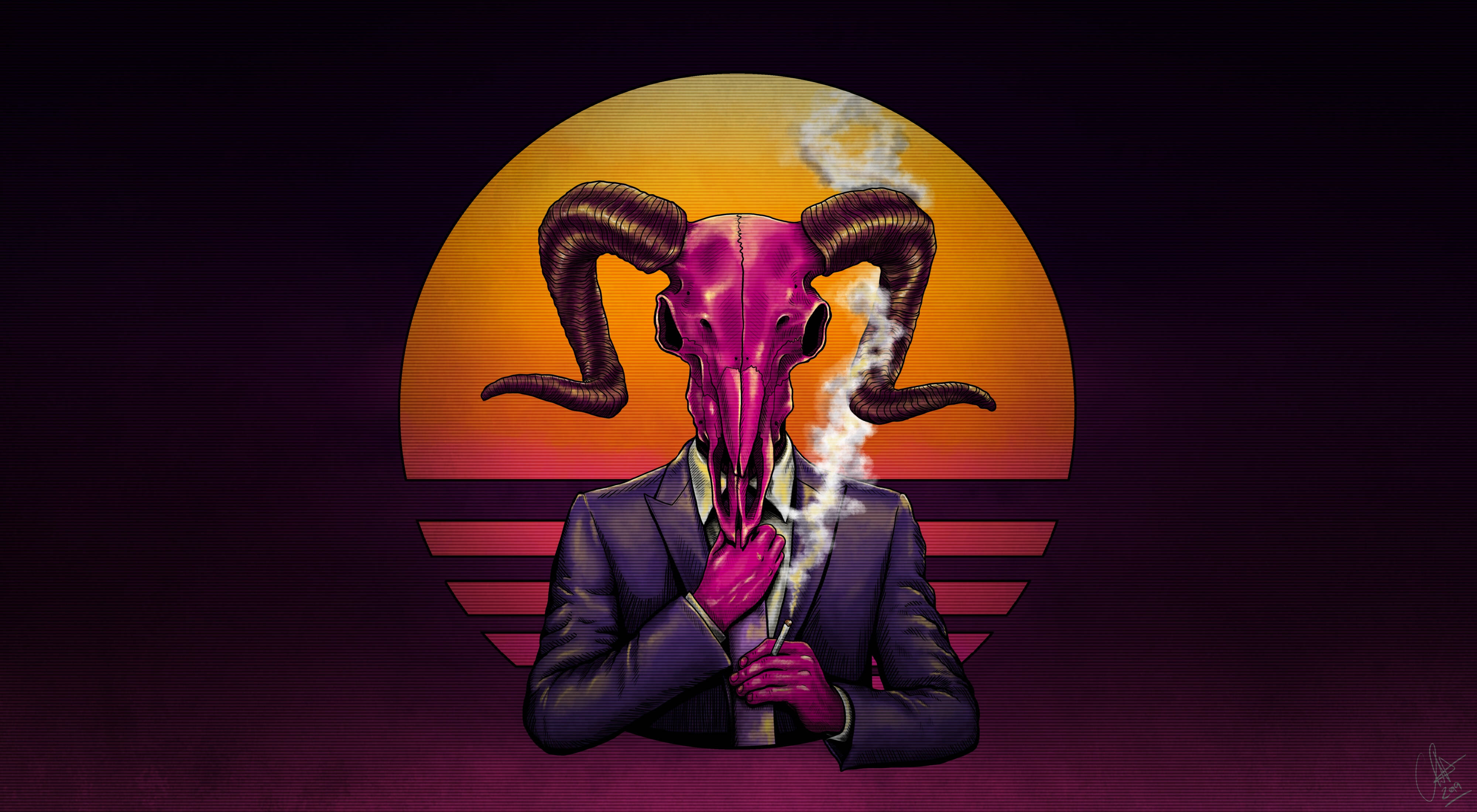 惡魔 桌布 壁紙 — 一個超現實的數位藝術人物，穿著西裝，頭戴粉紅色公羊頭骨，在充滿活力的日落背景下抽煙。