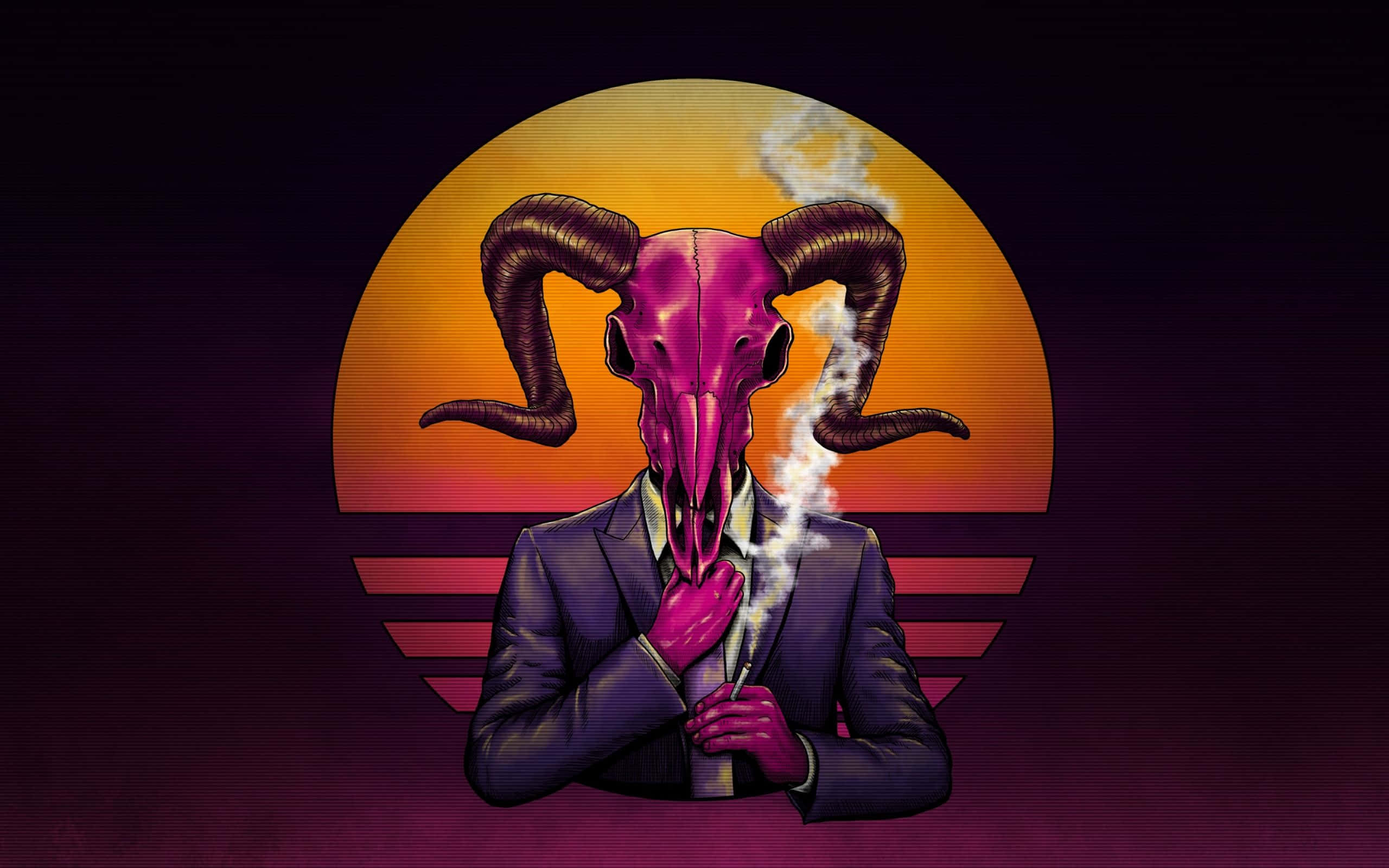 Devil Horns 桌布 壁紙 — 一個超現實的數位藝術人物，長著粉紅色公羊頭骨，在鮮豔的日落背景下抽煙。