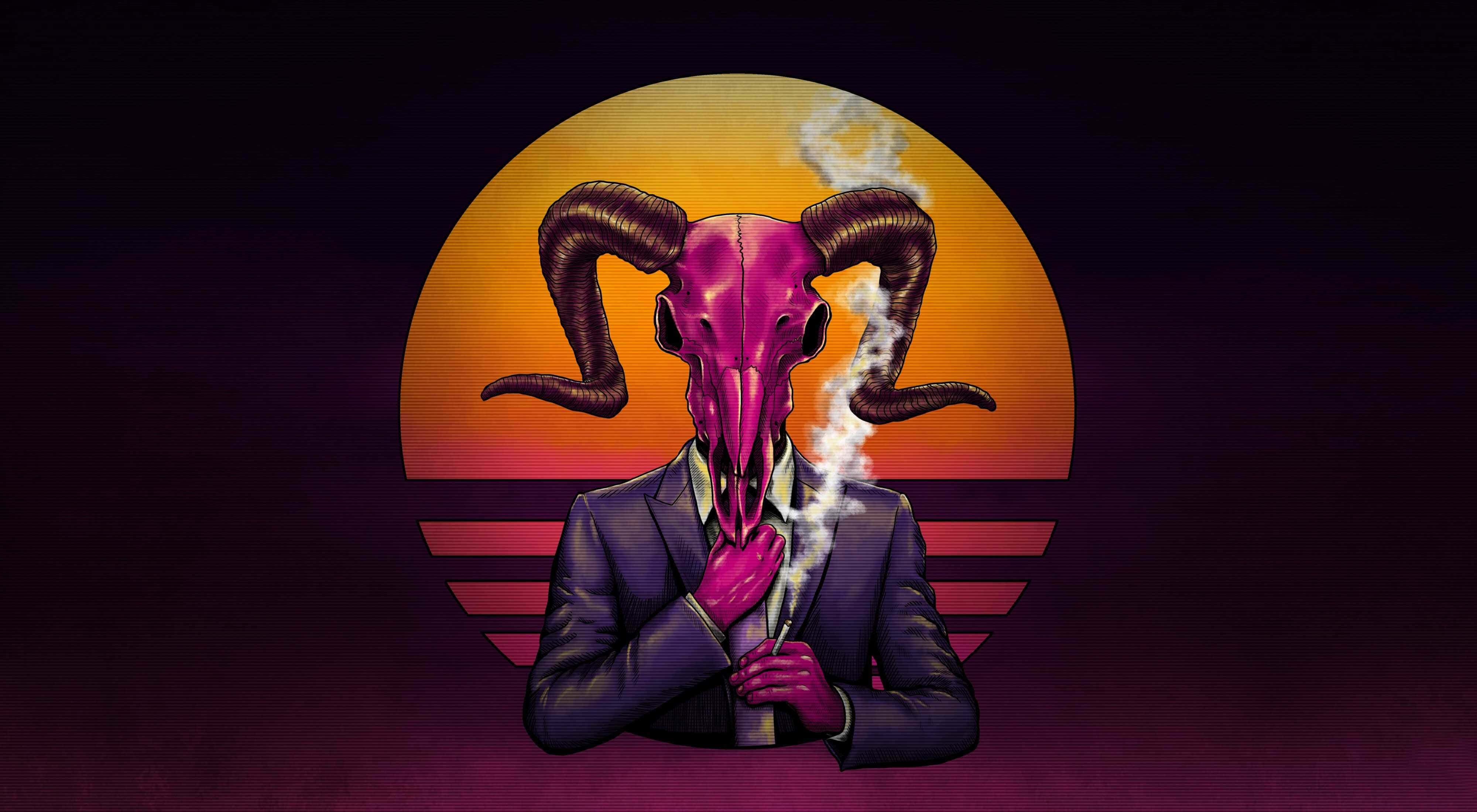 aries 桌布 壁紙 — 一個超現實的數位藝術人物，長著粉紅色的公羊頭骨頭，在充滿活力的日落背景下抽煙。