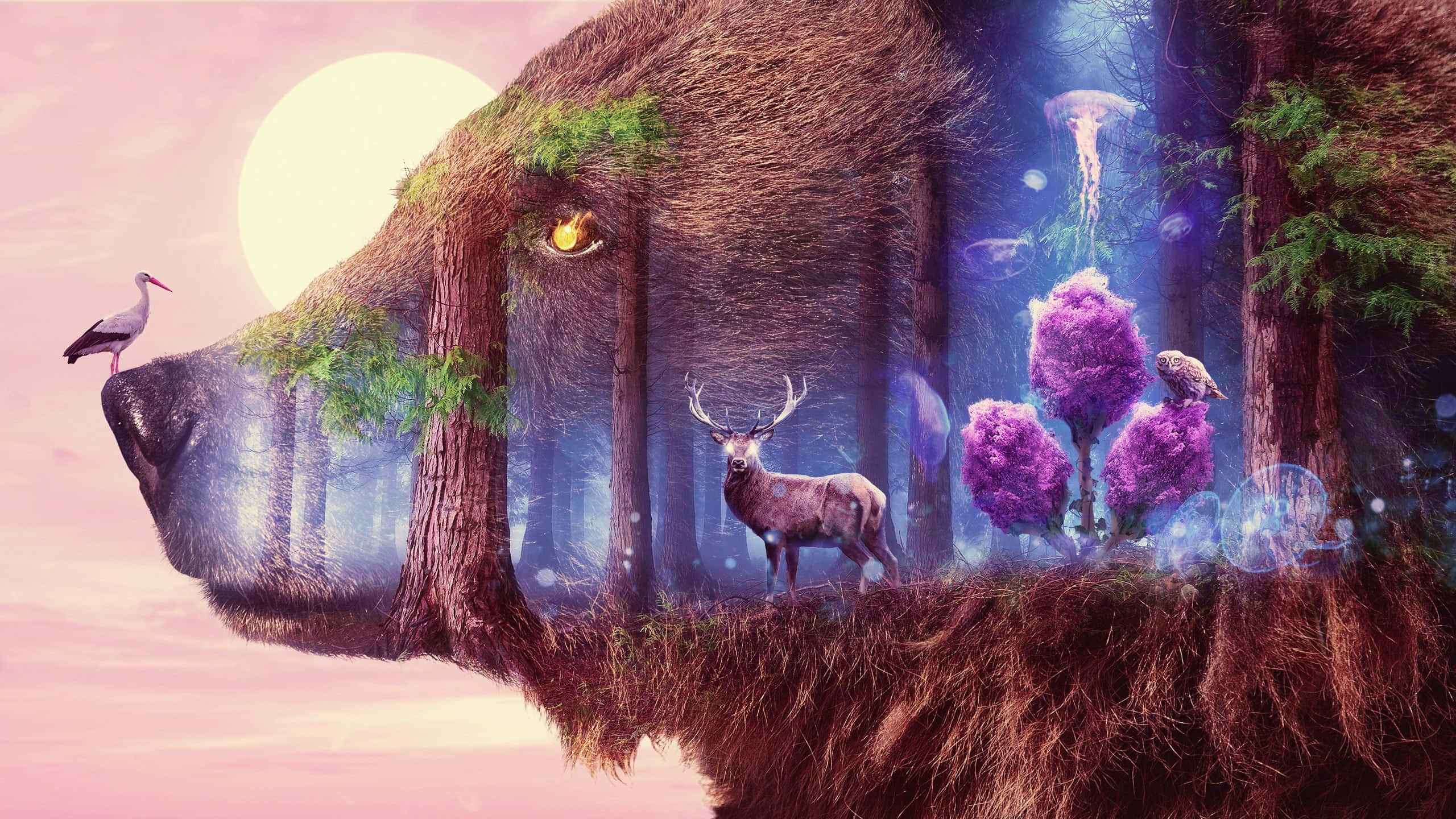 Mystical 桌布 壁紙 — 一個超現實的數位藝術作品，描繪由樹木形成的巨大熊頭，一隻鹿站在其挖空的臉內，下方是發光的太陽。