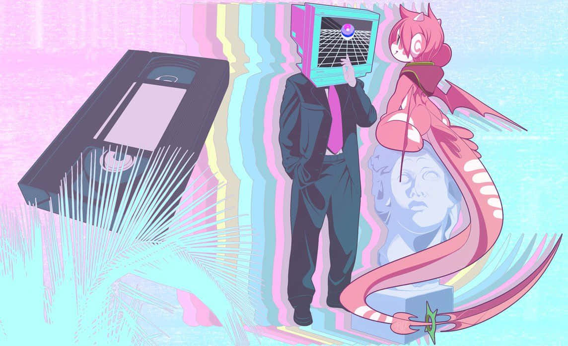 動漫 桌布 壁紙 — 一個超現實的數位藝術場景，有一個穿西裝的男人拿著VHS錄影帶，一個粉紅色頭髮的動漫女孩，和一個故障的電視頭，背景是粉彩彩虹。