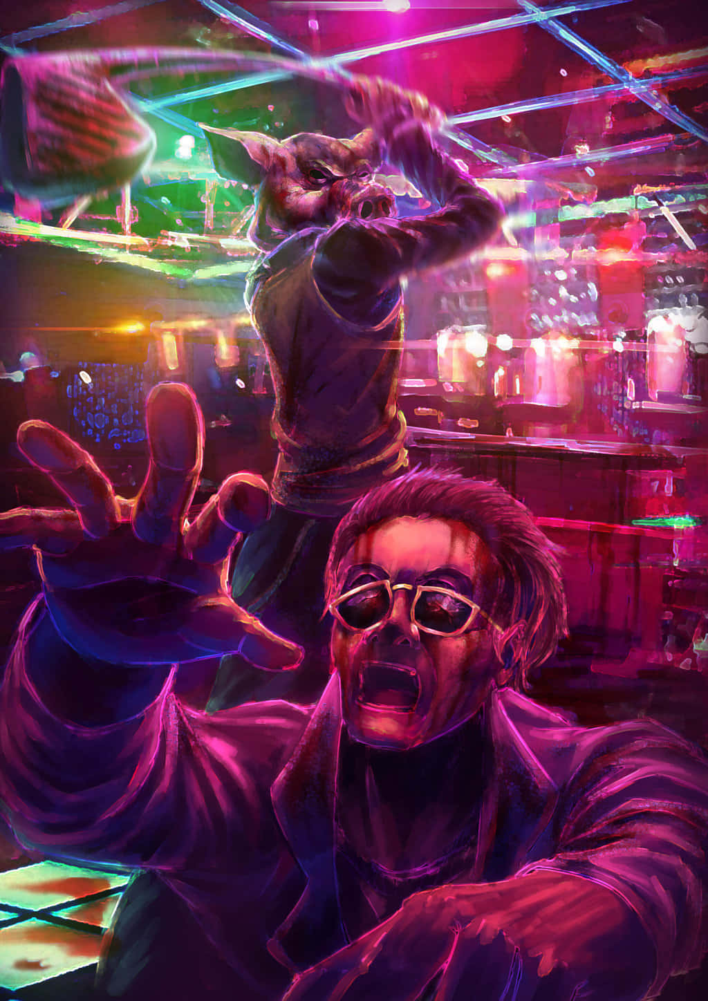 Hotline Miami 桌布 壁紙 — 一個超現實的數位藝術場景，顯示一個戴眼鏡的男人在尖叫，而一個豬頭人身的角色在霓虹燈俱樂部中投擲一個發光的球體。