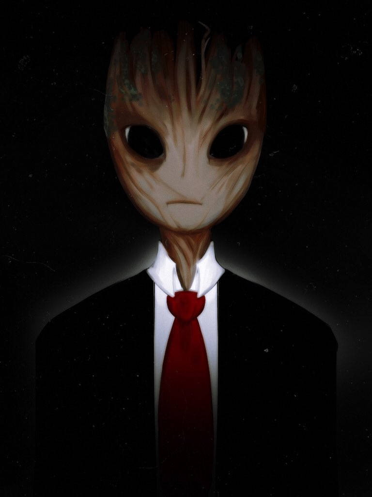 格魯特 桌布 壁紙 — 一個超現實的數位藝術外星人，擁有木紋質感的臉龐和一雙黑色大眼睛，身穿黑色西裝和紅色領帶，背景是星空虛無。