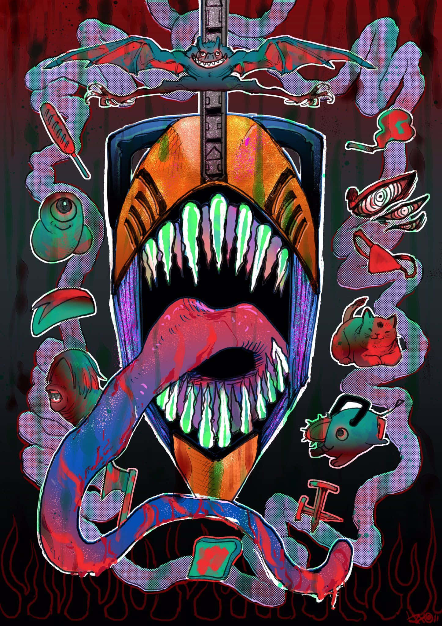 鏈鋸人 桌布 壁紙 — 一個超現實的數位藝術插圖，描繪一個怪獸般的面孔，帶有發光的綠色牙齒和蛇舌，周圍環繞著漂浮的卡通生物。