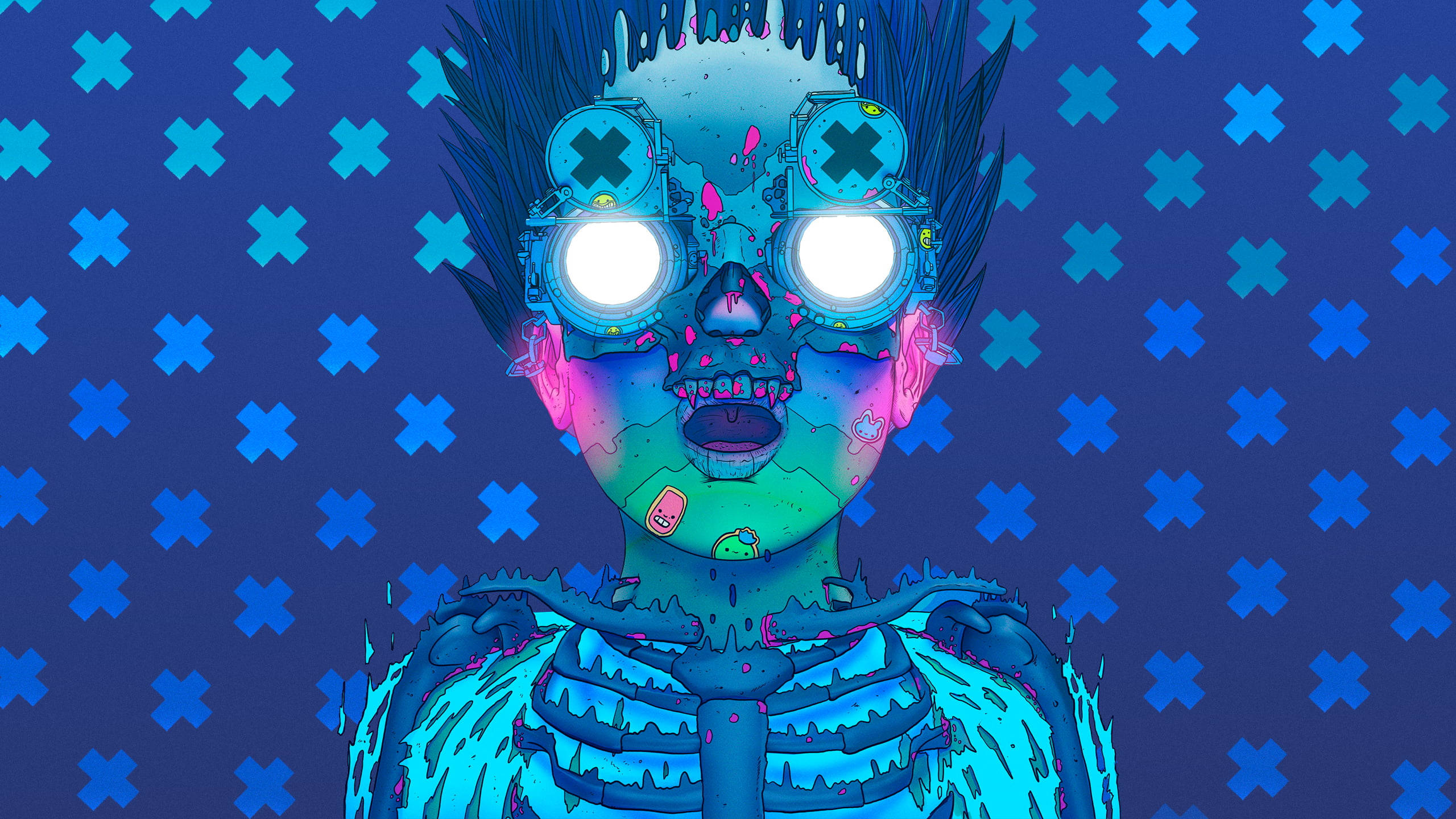 techno 桌布 壁紙 — 一個超現實的數位藝術肖像，描繪一個發光的機械頭骨，有著明亮的眼睛和滴落的霓虹顏料，背景是藍色十字圖案。