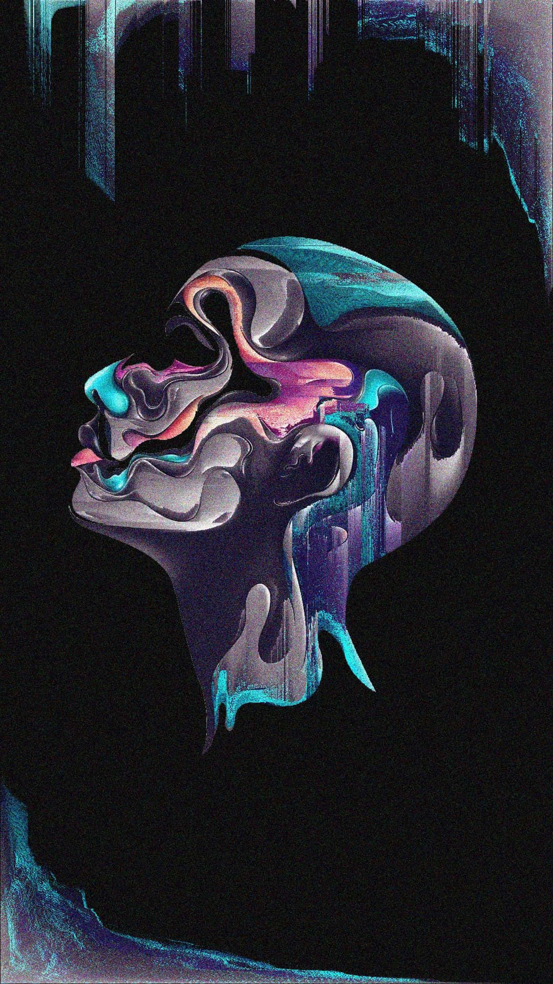 故障 桌布 壁紙 — 一個超現實的數位藝術肖像，描繪一個融化的人頭，帶有鮮豔的霓虹色彩在黑色背景上滴落。