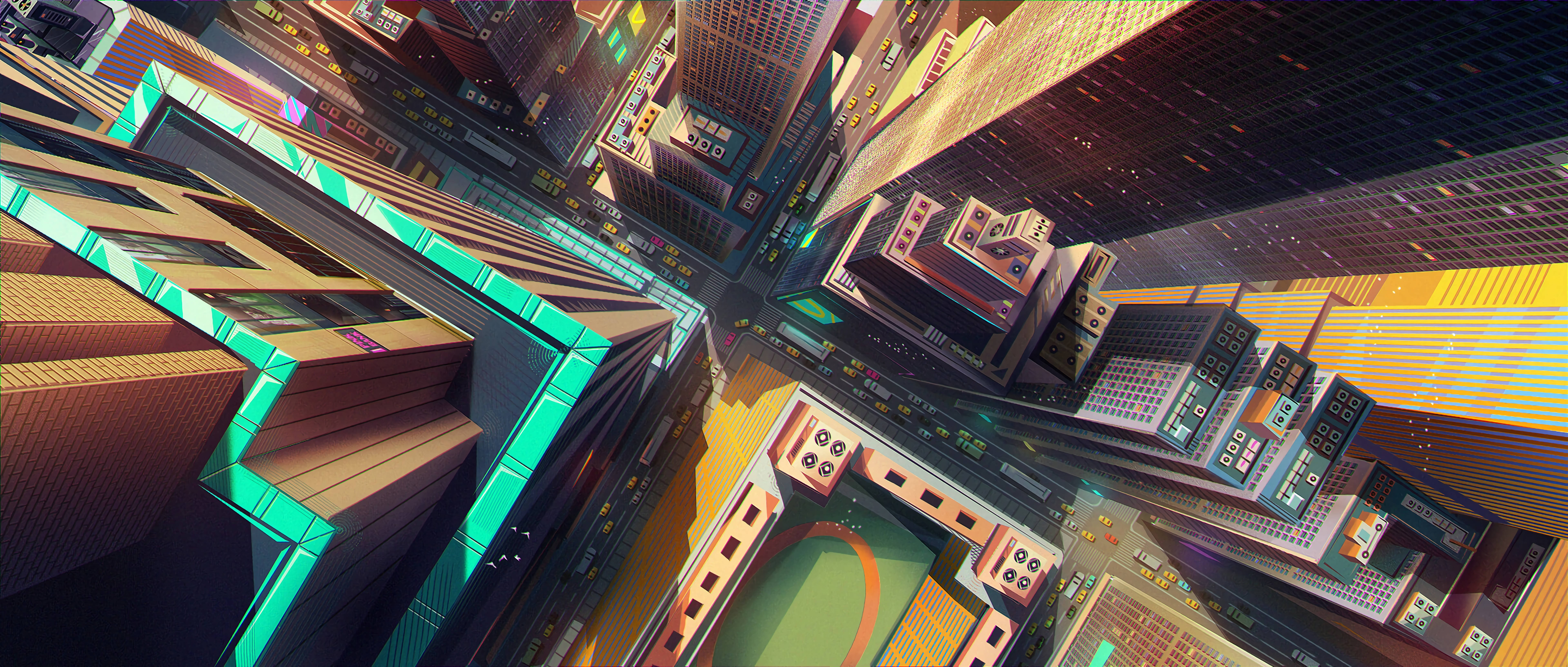 City Art 桌布 壁紙 — 一個超現實的數位藝術視角，展現未來主義城市景觀，高聳的摩天大樓在霓虹燈下閃耀。