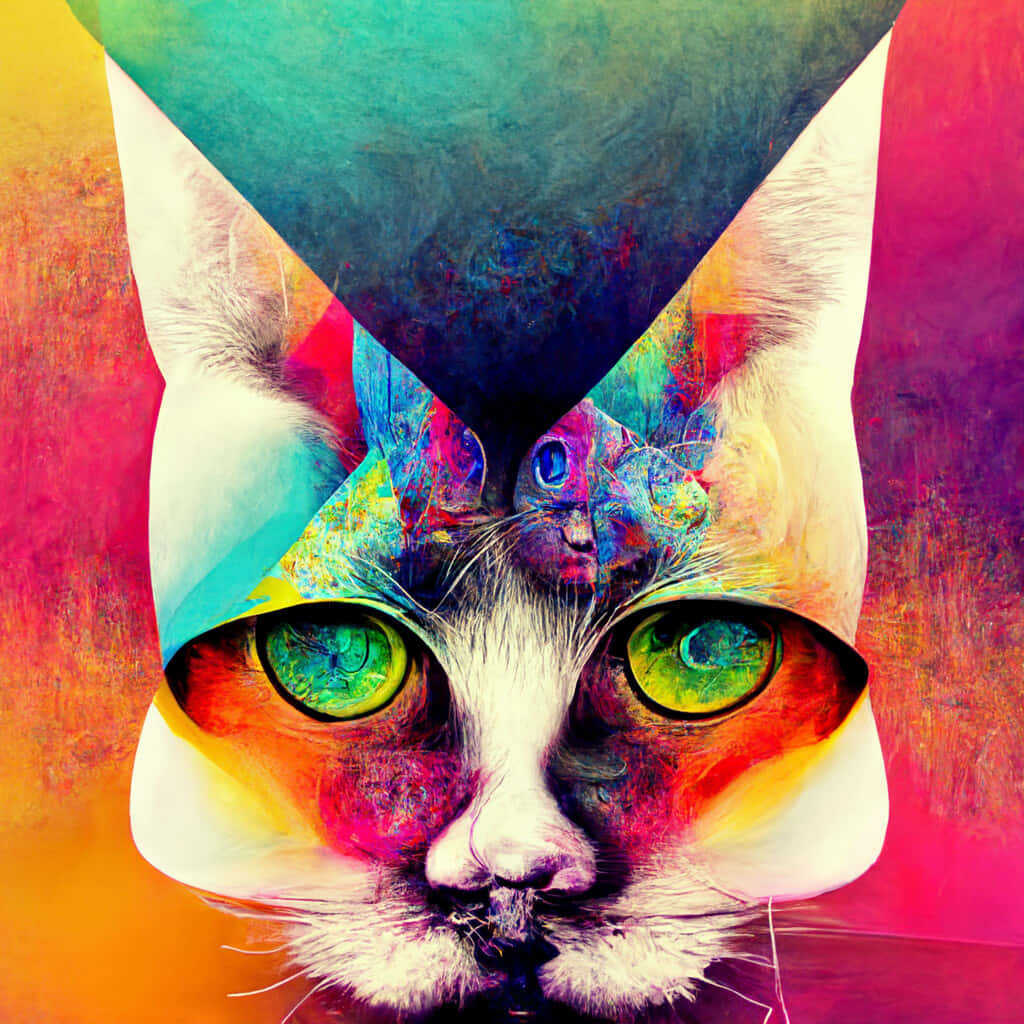 Psychedelic Animals 桌布 壁紙 — 一個超現實的數位藝術貓臉，帶有鮮豔的抽象色彩和發光的綠色眼睛，背景為紋理豐富的多色背景。