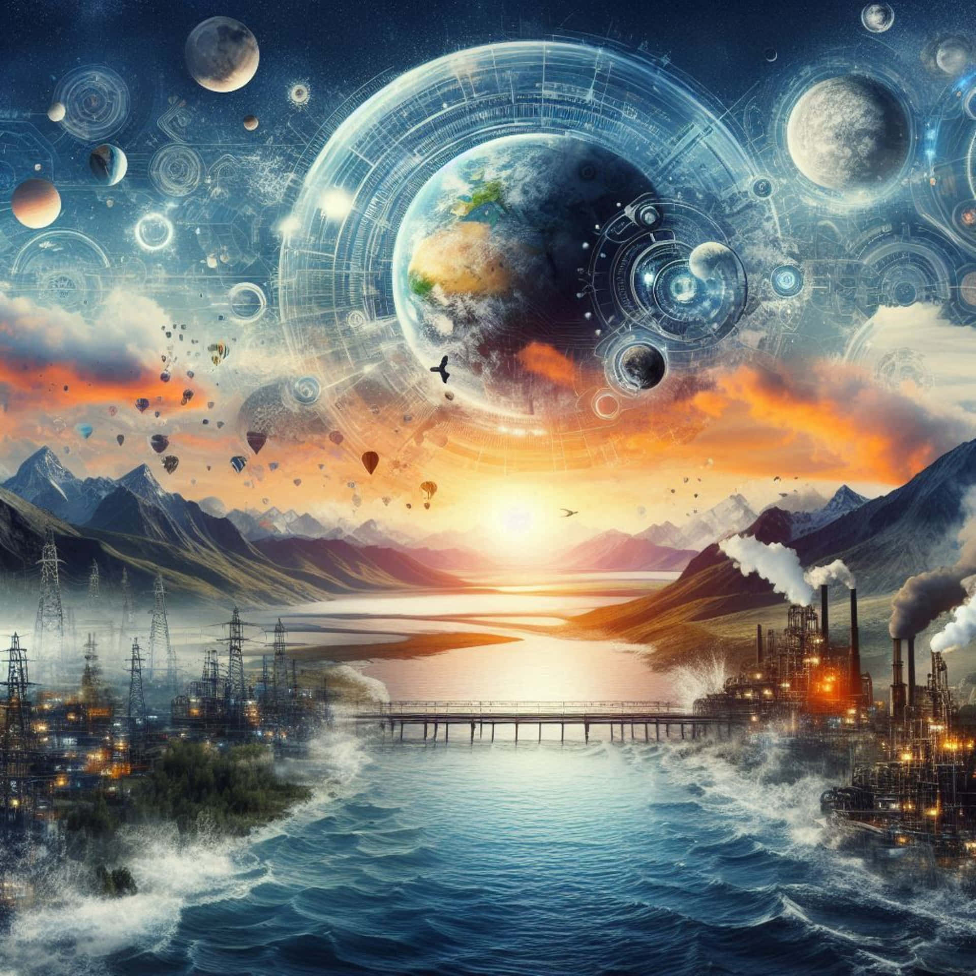 fantasy landscape with space 壁紙 — 一個超現實的日落，照耀著被工廠和電線杆污染的河流，而全息地球和漂浮的行星懸掛在上空。