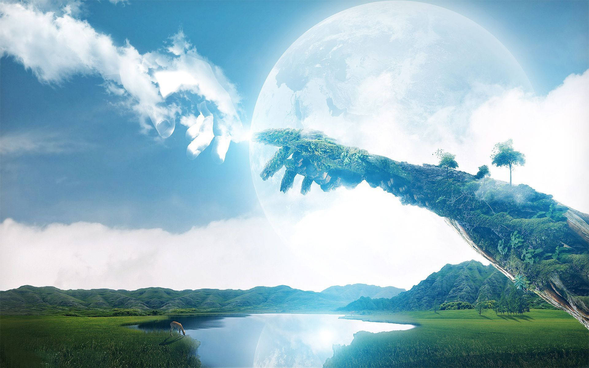 一隻巨手從行星中伸出，托著一個浮島在湖泊上方。 — 天堂 壁紙