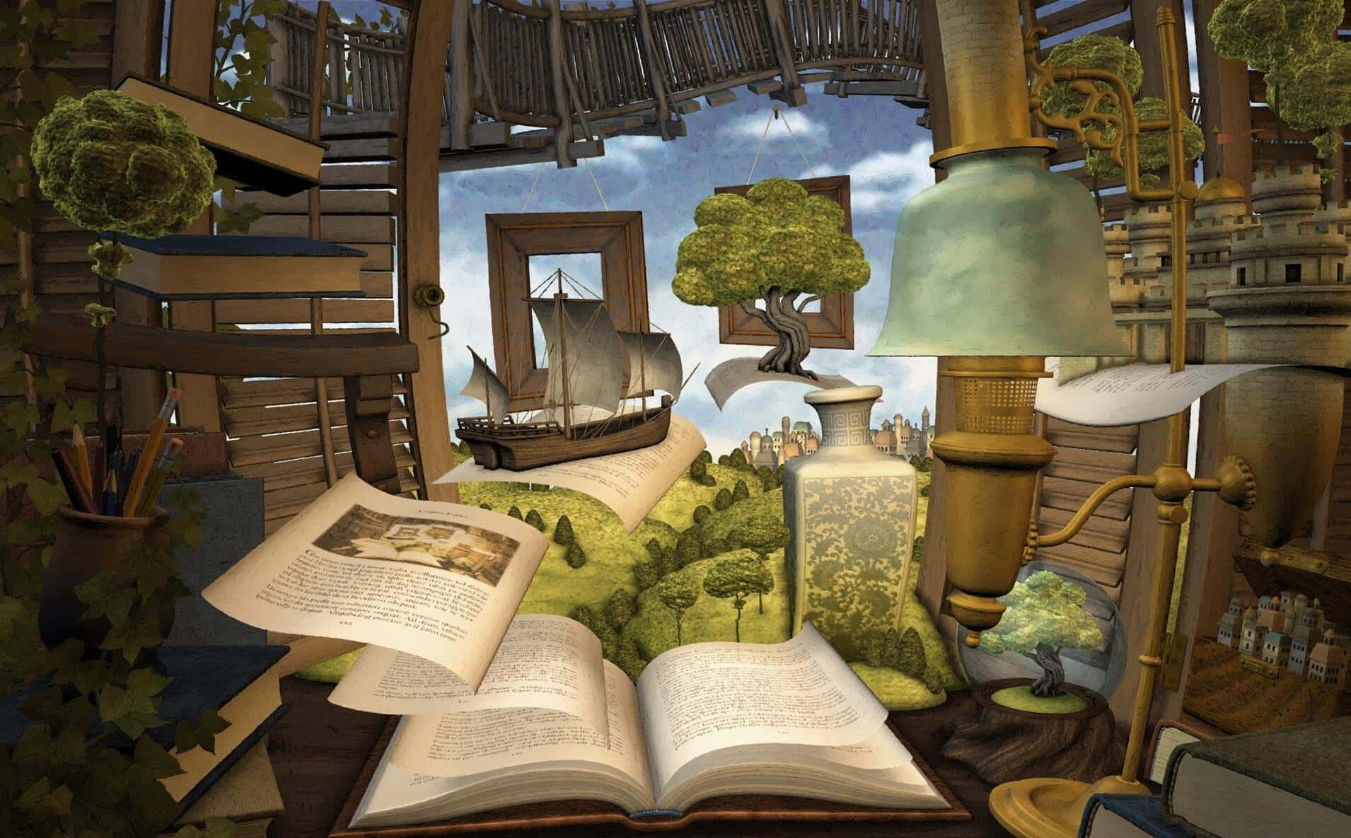 literature 桌布 壁紙 — 一個超現實的書桌場景，打開的書本漂浮著，顯現出藍天下包含樹木、船隻和城市的微型景觀。