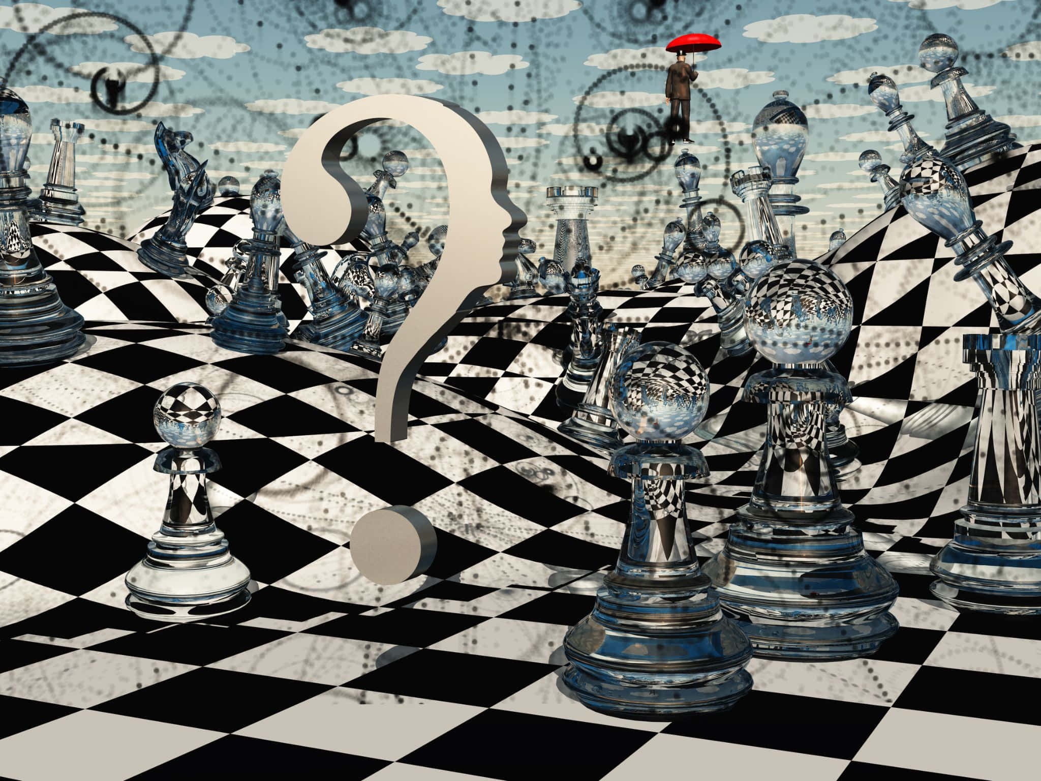 2048x1536 桌布 壁紙 — 一個超現實的棋盤，帶有玻璃棋子，在陰雲密布的天空下有一個巨大的問號剪影，一個小人拿著紅色雨傘。