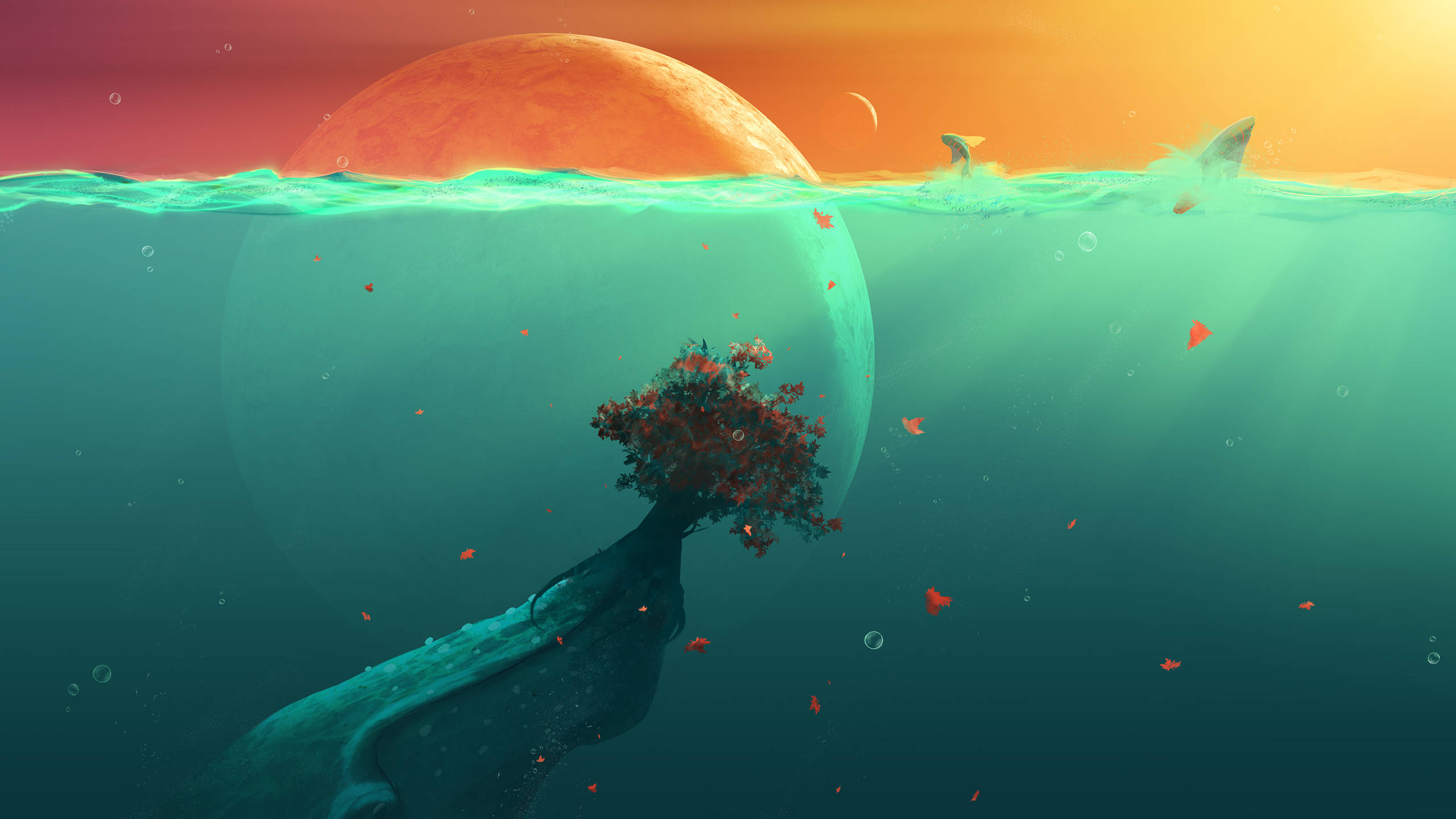 行星動畫 桌布 壁紙 — 一個超現實的水下場景，一棵樹從鯨魚的背上長出，下方是發光的橙色太陽。