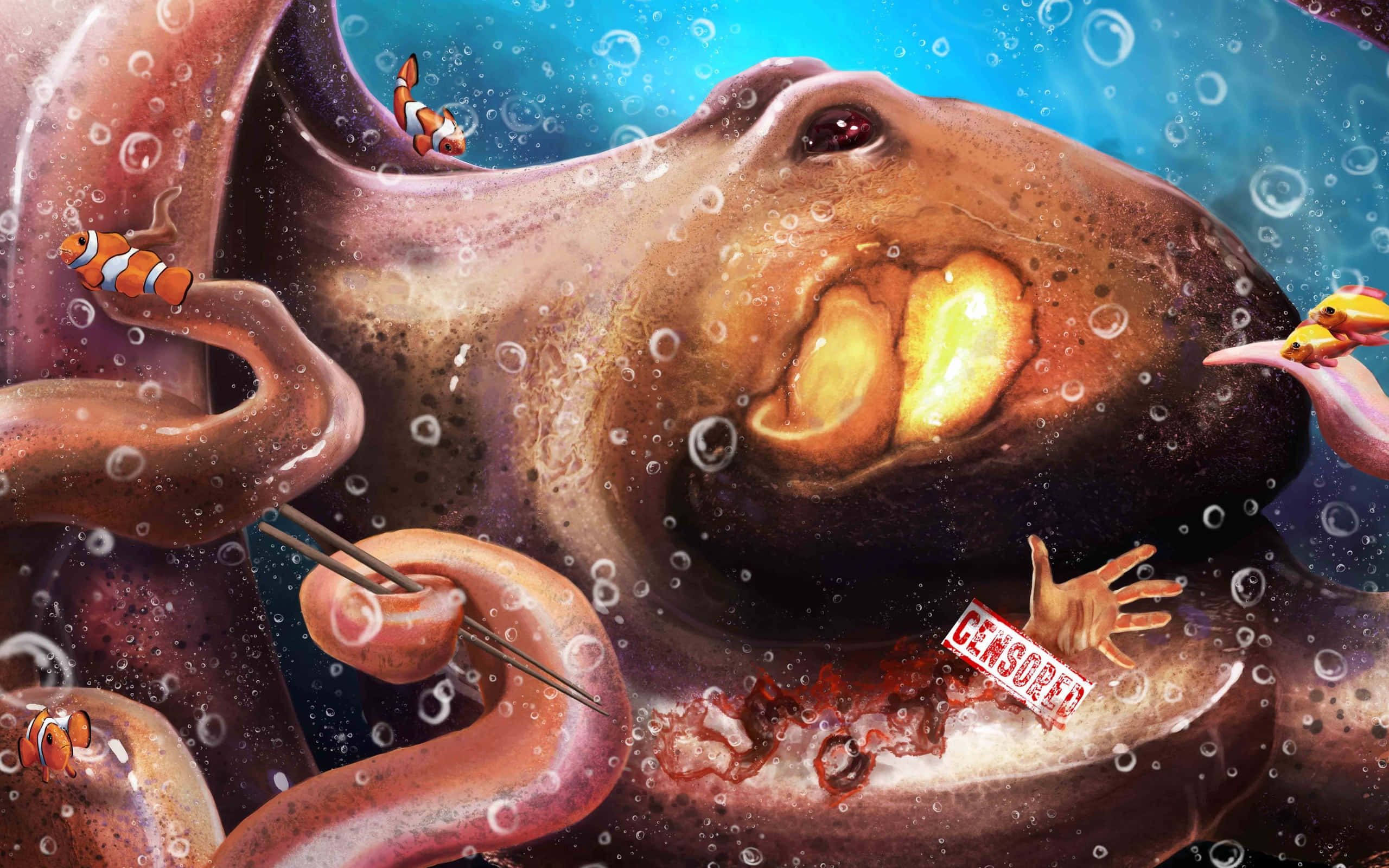 章魚 桌布 壁紙 — 一個超現實的水下場景，一隻發光嘴巴的巨型章魚拿著筷子靠近一隻被審查的手，小丑魚在周圍游動。