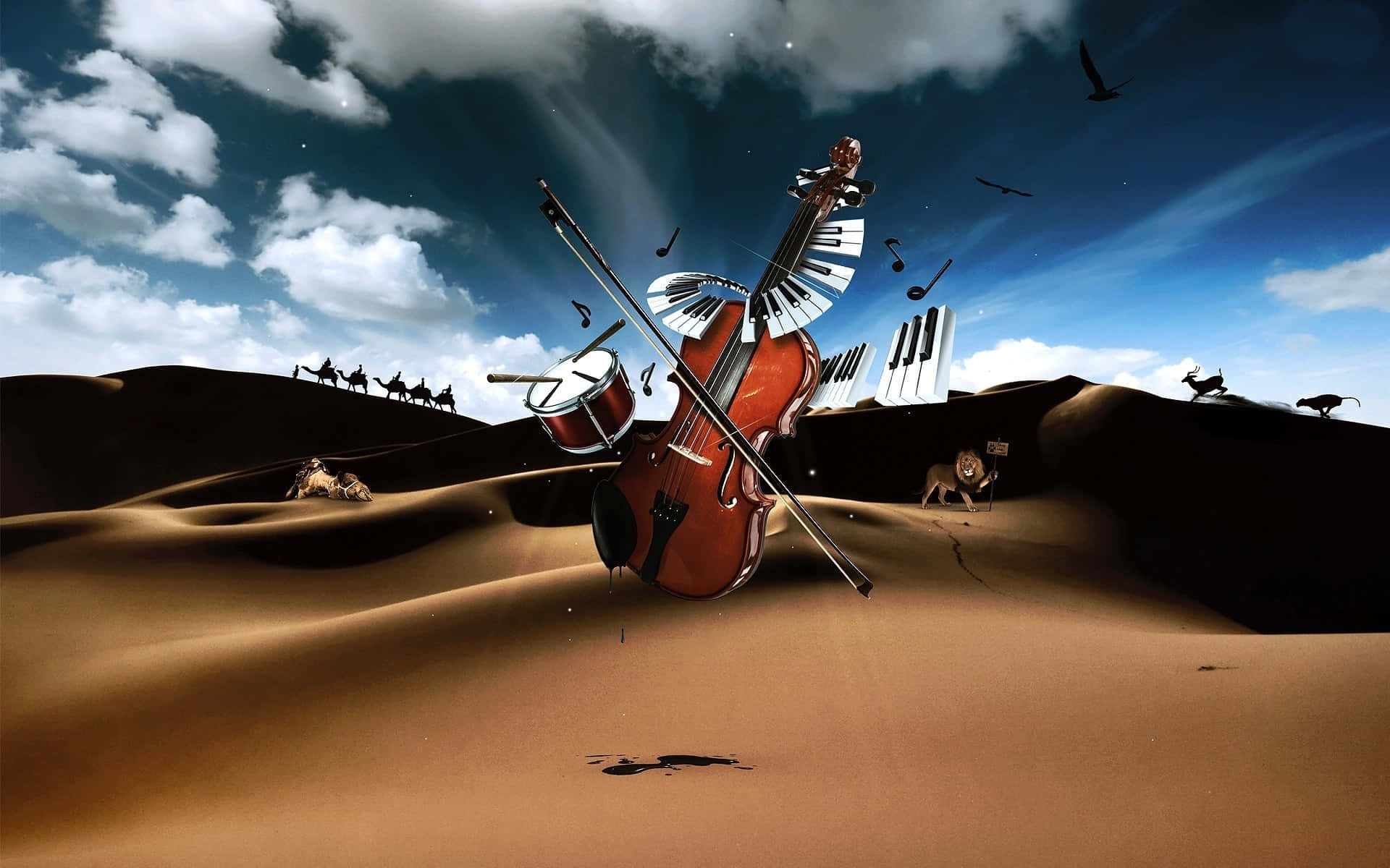 violin 桌布 壁紙 — 一個超現實的沙漠場景，小提琴和鋼琴鍵從沙丘中浮現，天空戲劇性，鳥兒飛翔。