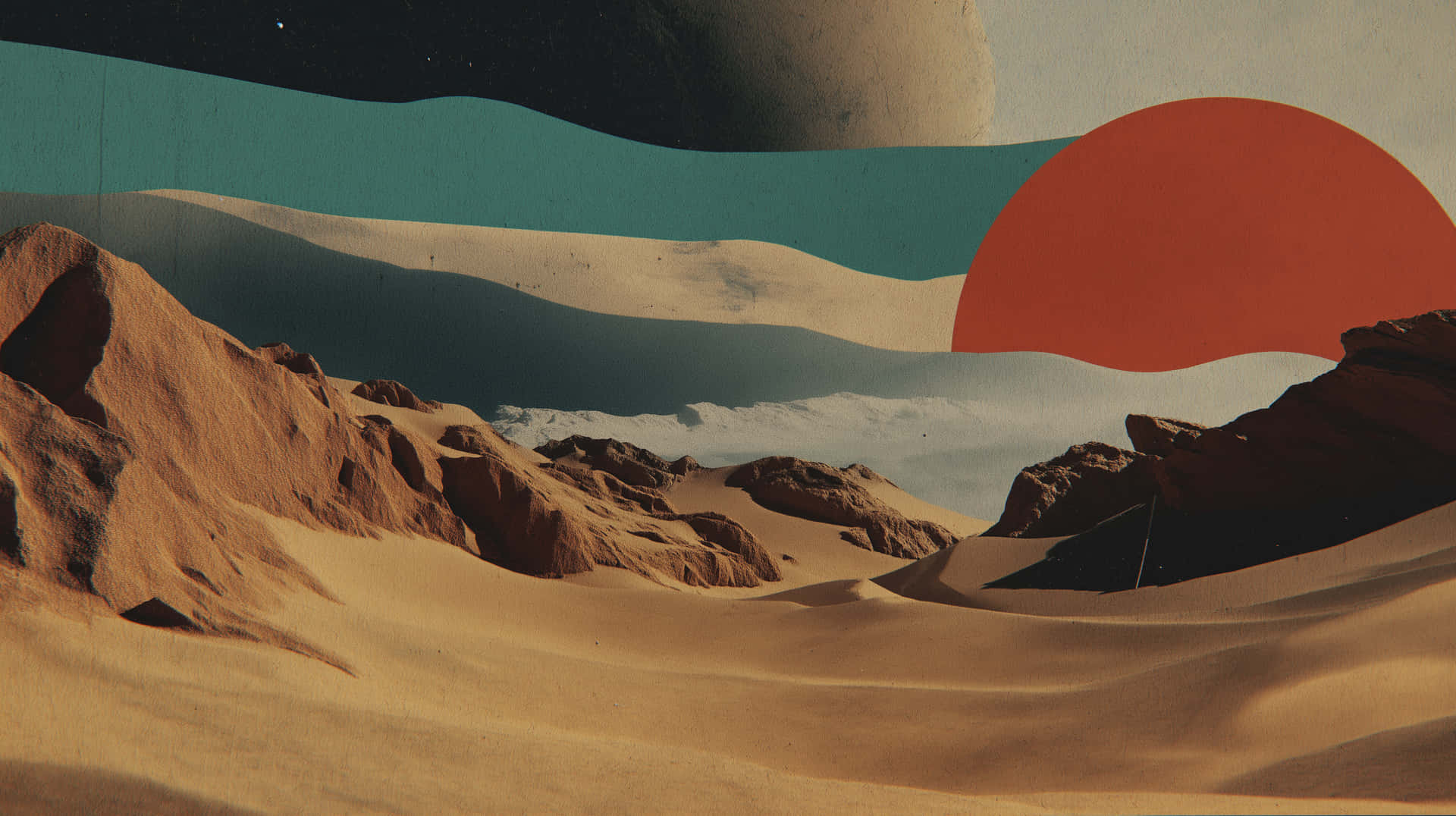 Abstract Desert Landscape with Celestial Elements and Horizon 壁紙 — 一個超現實的沙漠景觀，有滾動的沙丘，在風格化的天空下，有一個巨大的紅色太陽和藍綠色的雲。