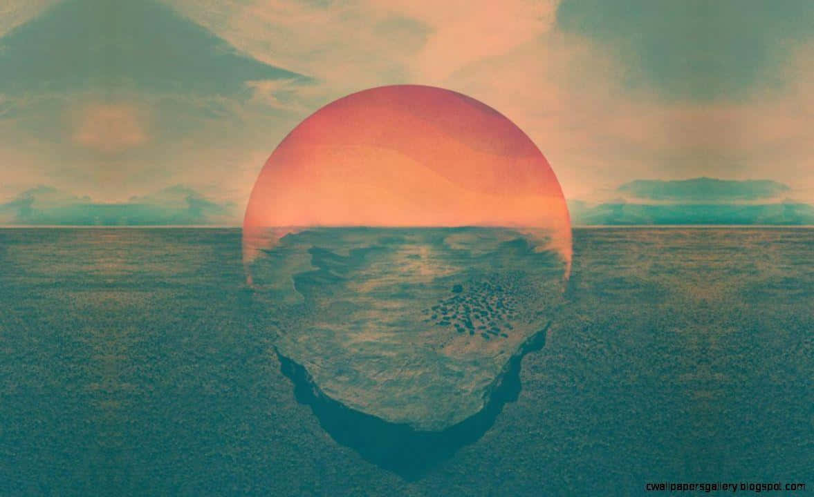 Hipster Tumblr 桌布 壁紙 — 一個超現實的浮動球體在陰天之下，倒映著平靜的藍綠色海洋上的日落。