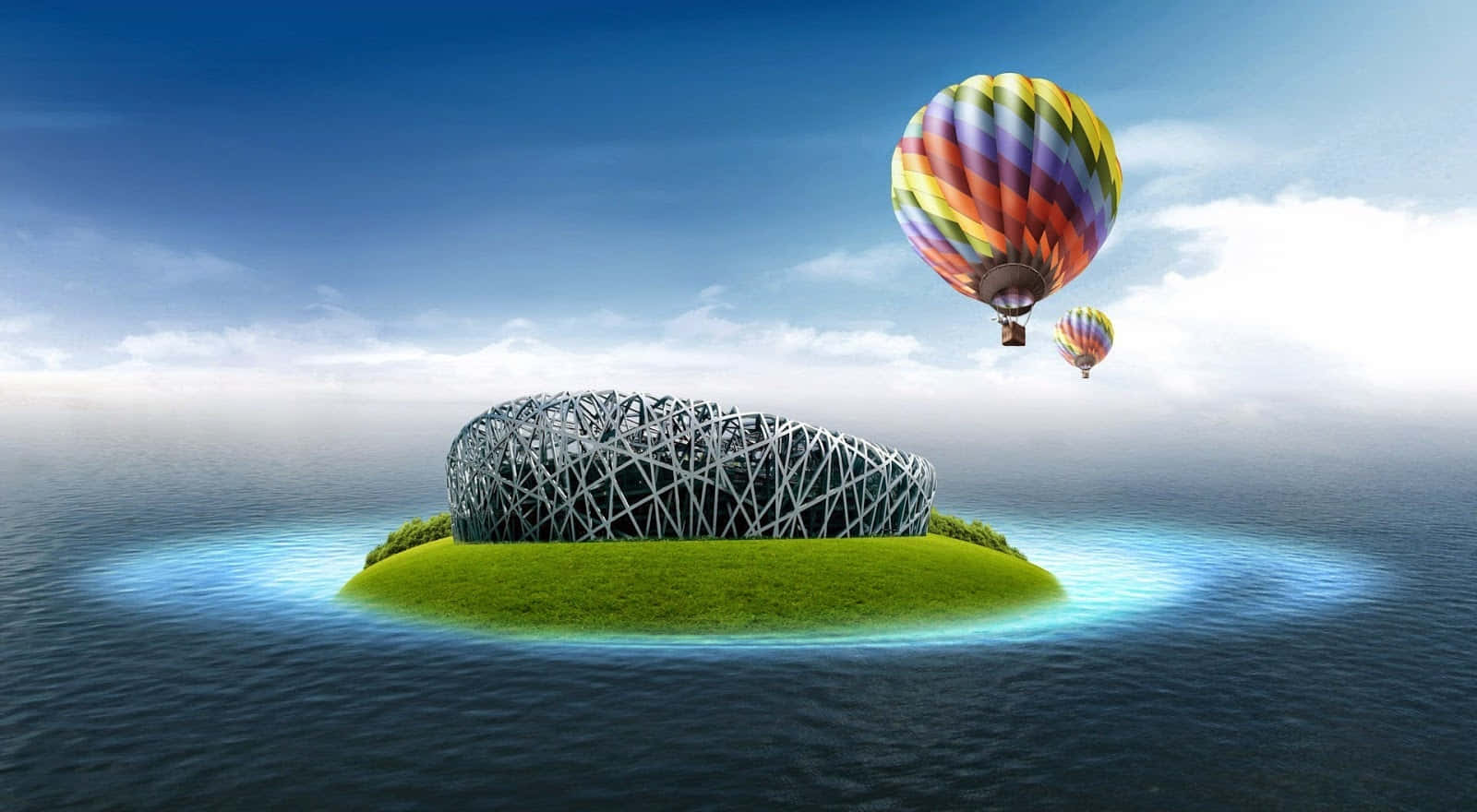 Floating 桌布 壁紙 — 一個超現實的浮島，帶有金屬鳥巢結構，色彩繽紛的熱氣球在平靜的水面上漂浮，背景是清澈的藍天。