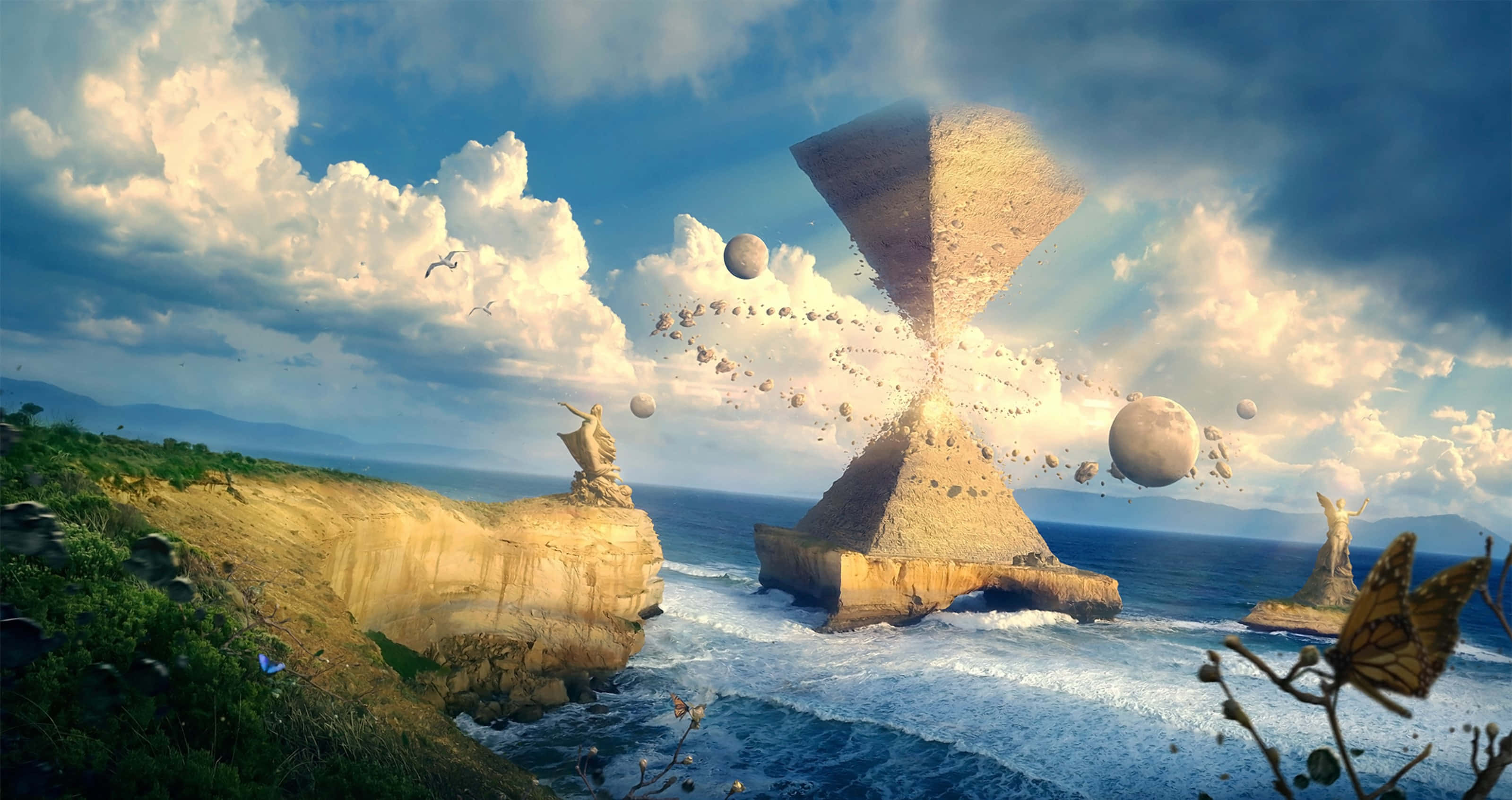 Sci Fi Landscape 桌布 壁紙 — 一個超現實的海岸場景，一個巨大的沙漏漂浮在洶湧的海浪和懸崖之上，天空佈滿戲劇性的雲層。