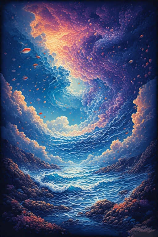 Stunning Sea Anime Realism Precisionist Art 壁紙 — 一個超現實的海洋漩渦向上旋轉，進入一個充滿發光魚類和星雲的宇宙天空，呈現鮮豔的藍色、紫色和橙色。