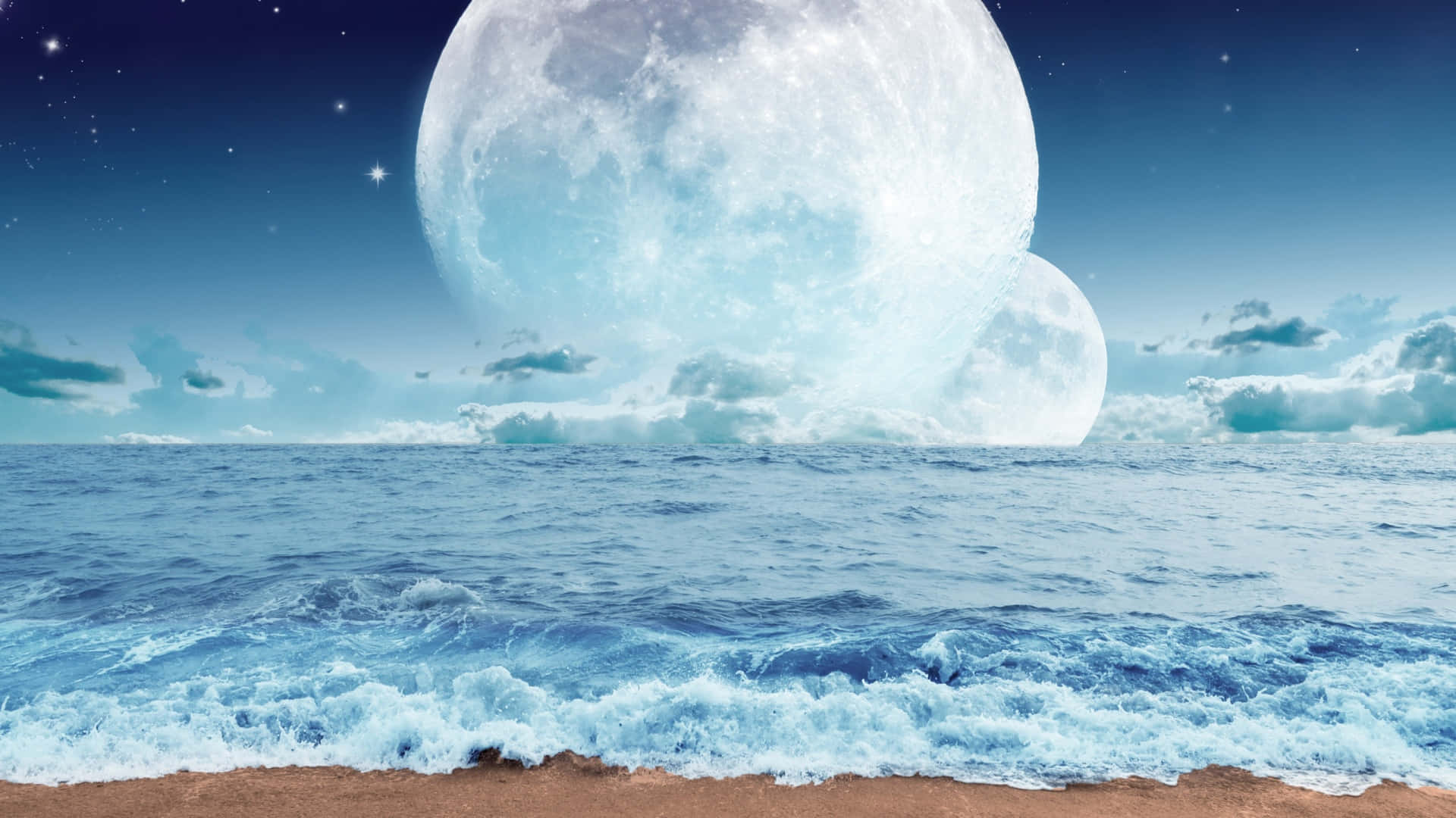 3d Ocean 桌布 壁紙 — 一個超現實的海灘場景，兩個巨大的月亮在星空下的碧綠海洋上發光。