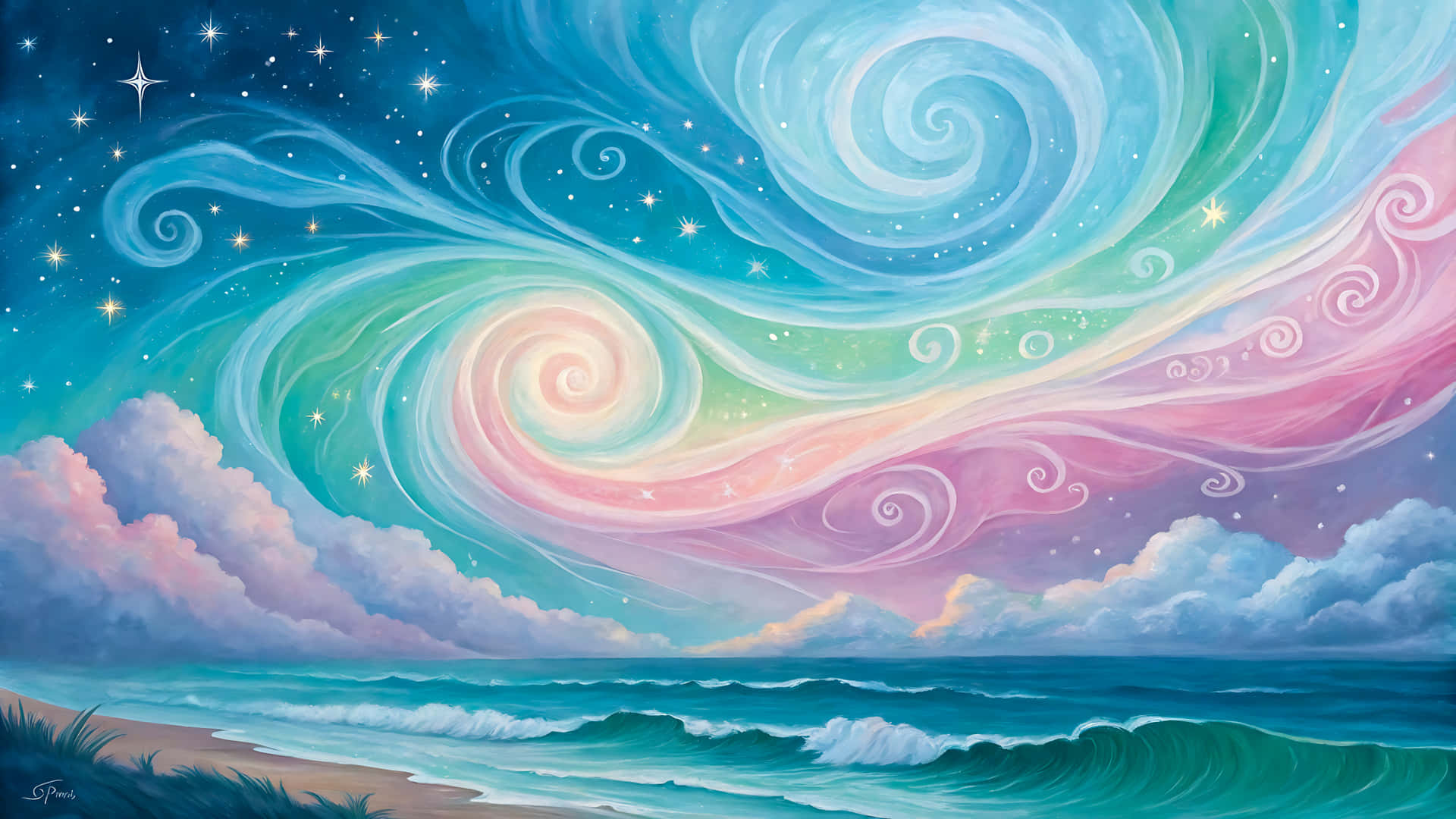 Painting of a beach with colorful sky, clouds, stars, and ocean waves 壁紙 — 一個超現實的海灘場景，旋轉的粉彩天空與星星融入了拍打沙灘的綠松石色海浪中。