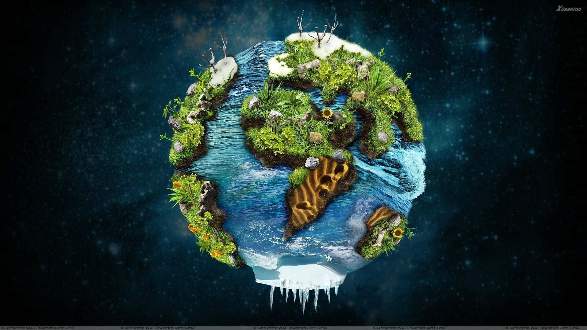 Future Desktop 桌布 壁紙 — 一個超現實的漂浮地球儀，擁有茂密的綠色植物、河流和冰蓋，懸浮在繁星點點的宇宙虛空中。