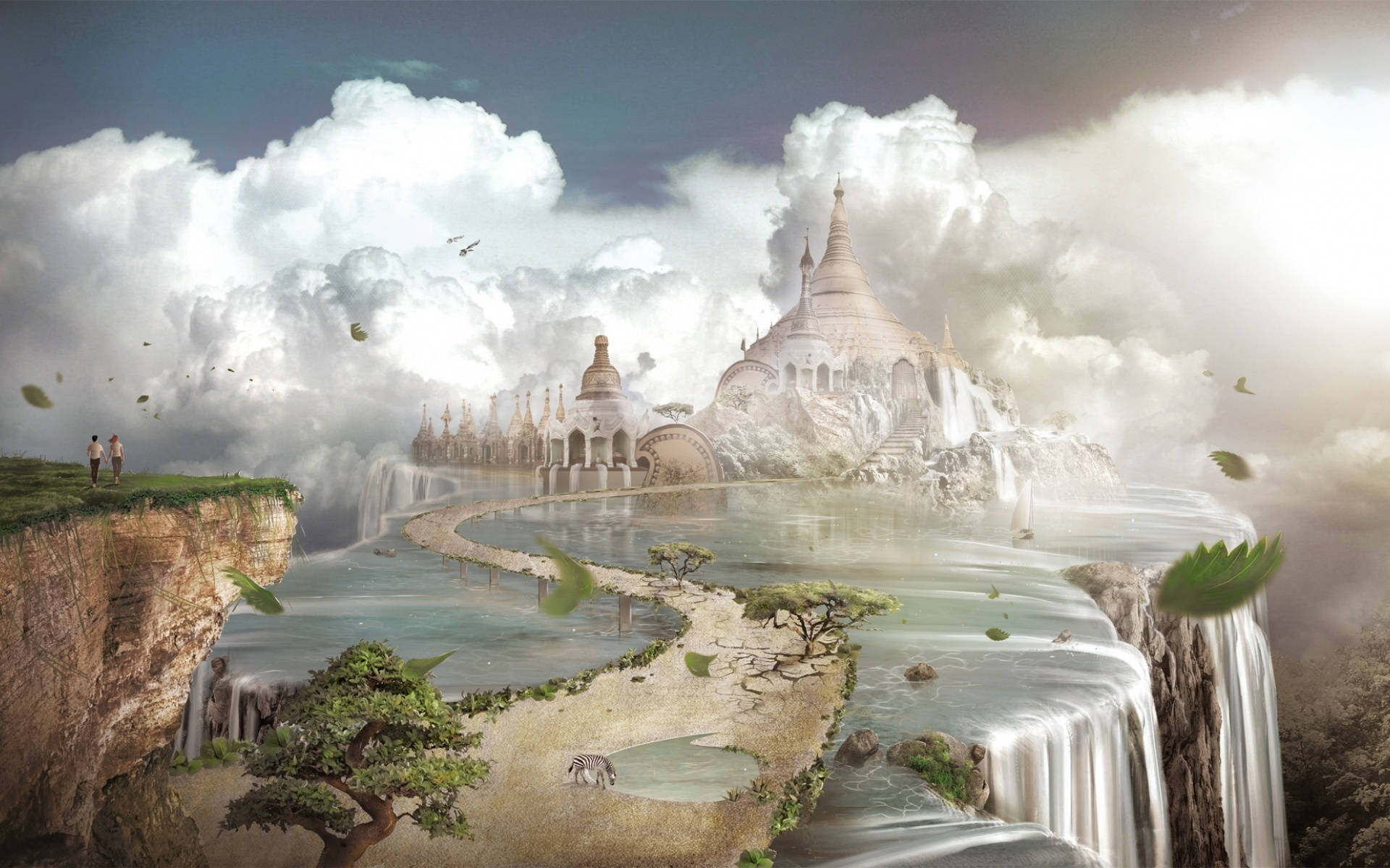 World 桌布 壁紙 — 一個超現實的漂浮寺廟建築群，隱藏在雲層中，有層疊的瀑布和兩個站在懸崖邊緣的人物。